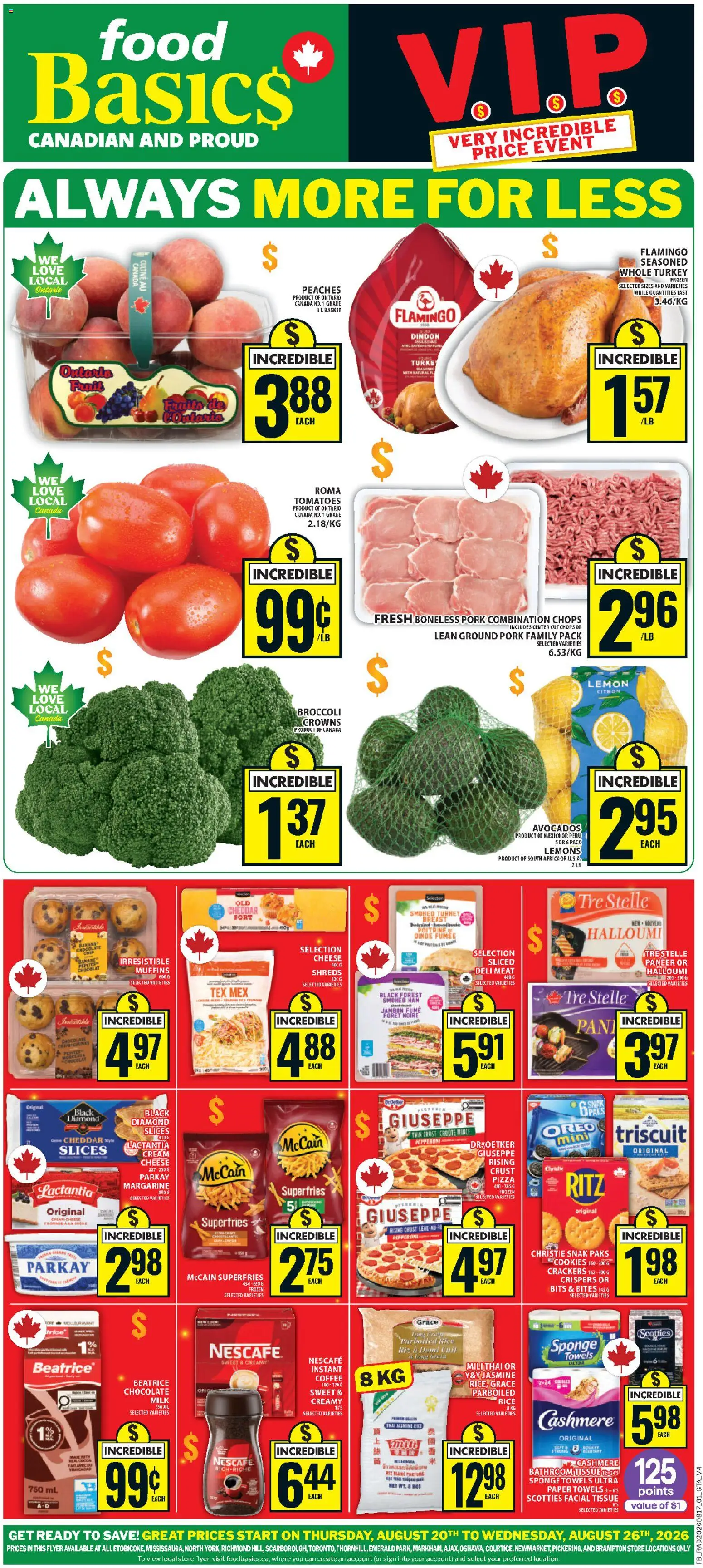 Food Basics flyer valid from Aug 20, 2026 | Page: 1 | Products: Instant coffee, Broccoli, Crackers, Sponge