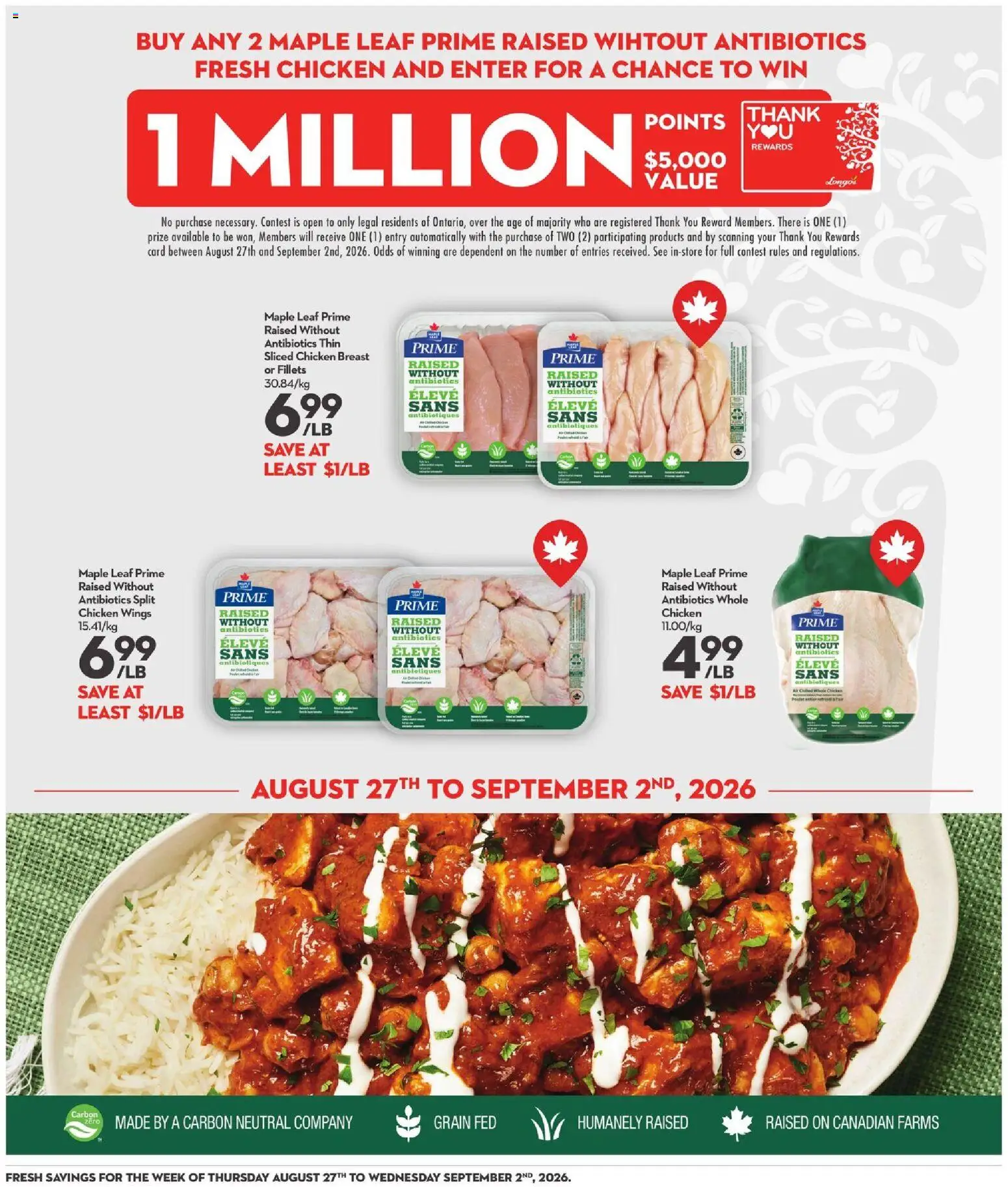 Longo's flyer valid from Aug 27, 2026 | Page: 7 | Products: Chicken wings, Chicken breast, Chicken