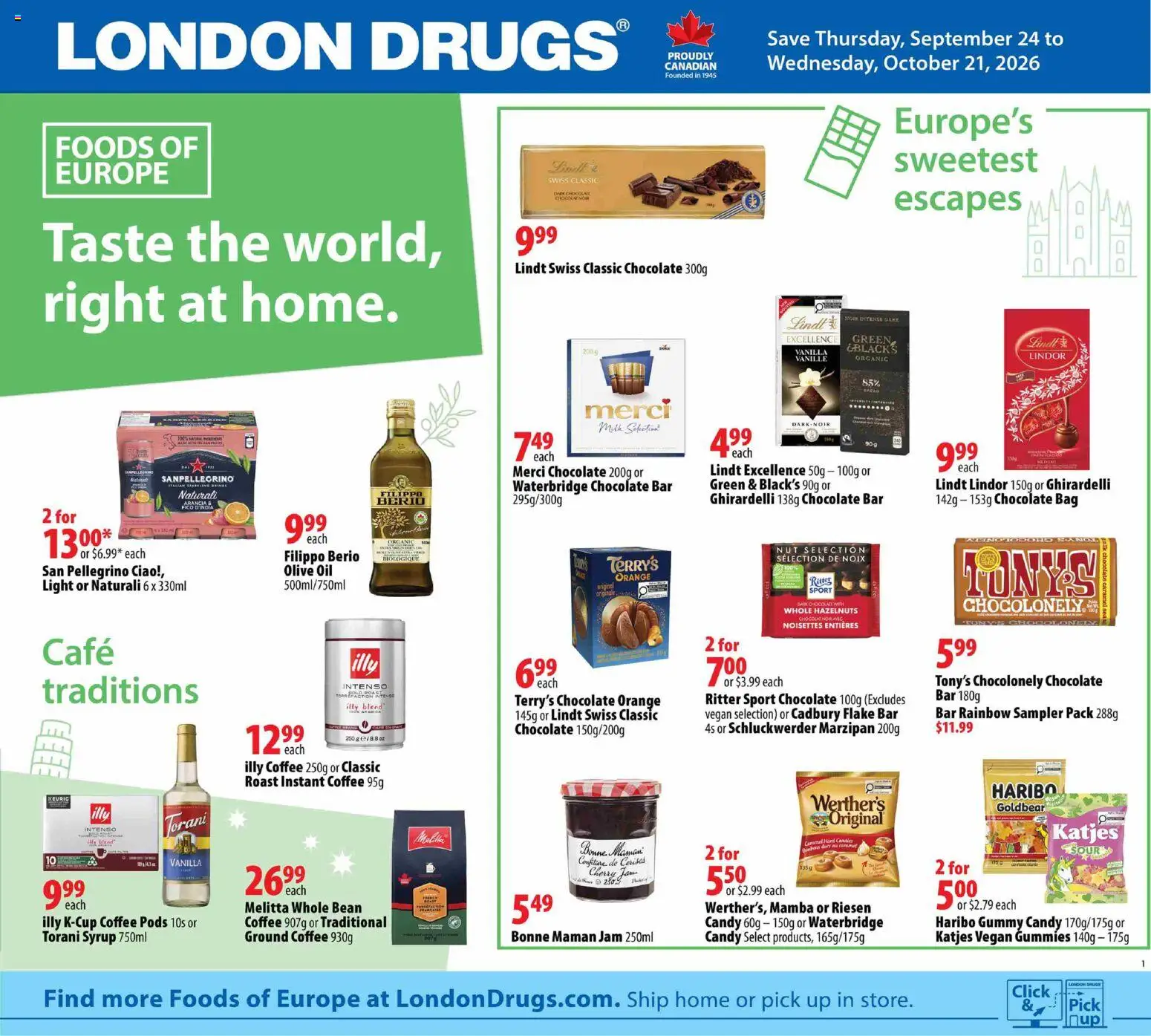 London Drugs flyer valid from Sep 24, 2026 | Page: 1 | Products: Lindt, Hazelnuts, Jam, Ground coffee