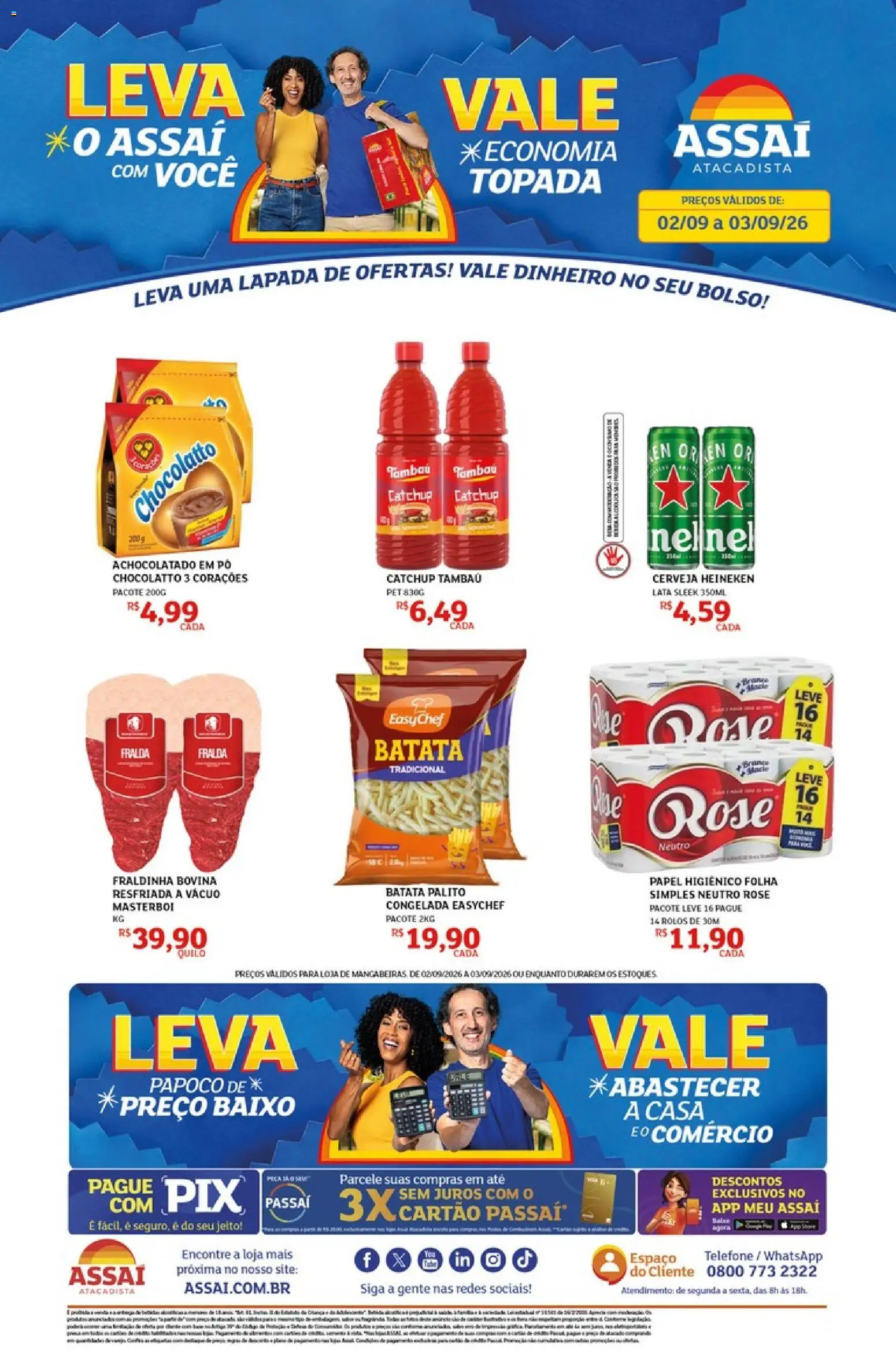 Assaí Atacadista Folheto - válido de 02/09/2026 | Página: 1 | Produtos: Pó, Cerveja Heineken, Baixo, Telefone