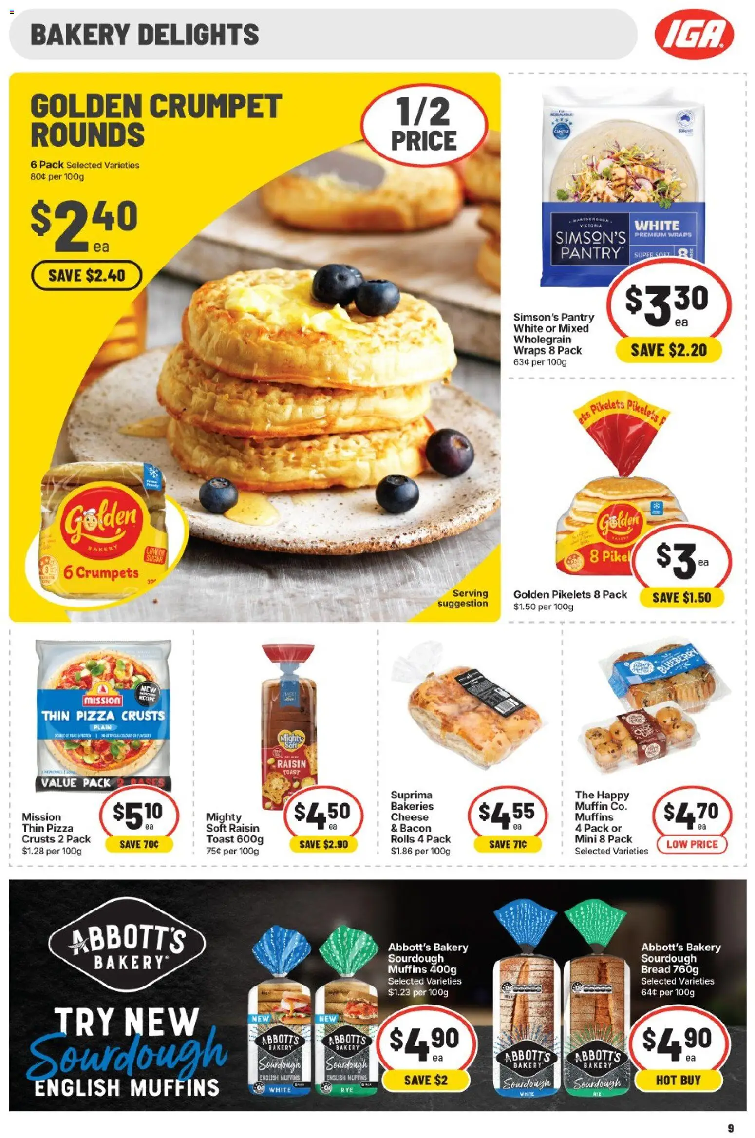 IGA catalogue - valid from 17.06.2026 | Page: 9 | Products: Crumpets, Cheese, Bread, Muffins