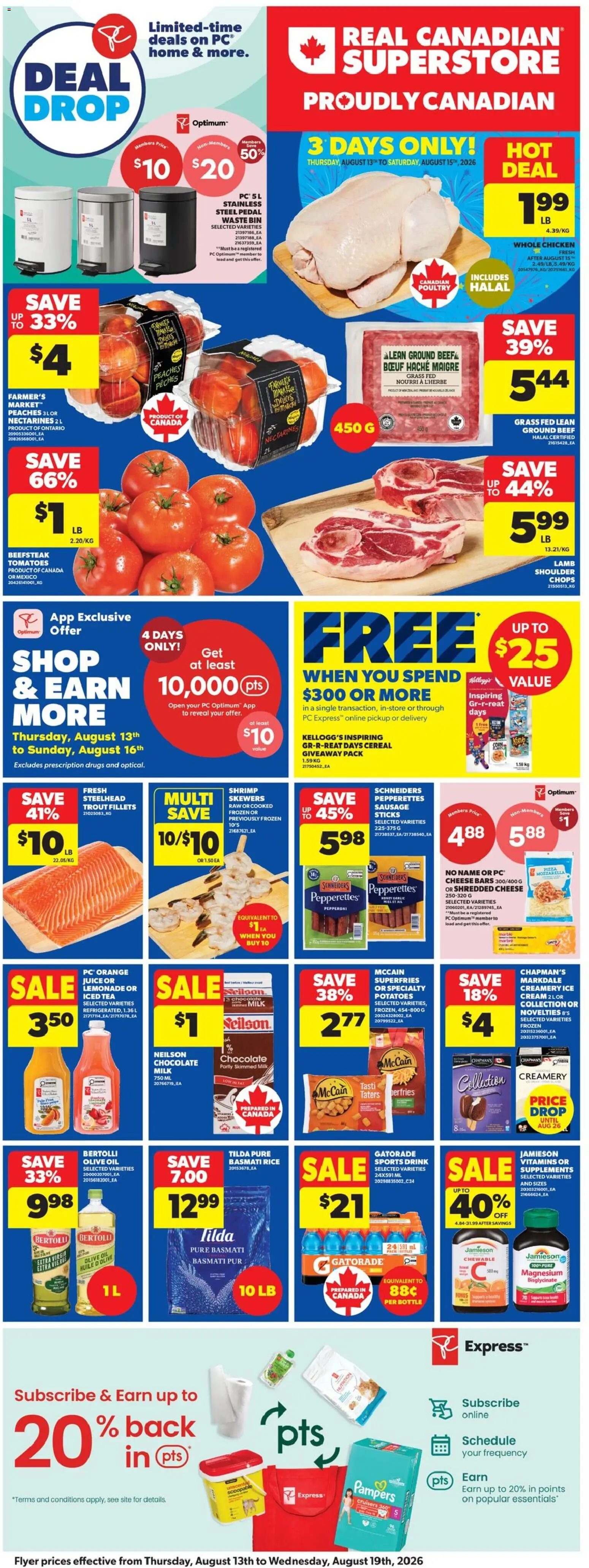 Real Canadian Superstore flyer valid from Aug 13, 2026 | Page: 3 | Products: Tea, Sausage, Oil, Juice
