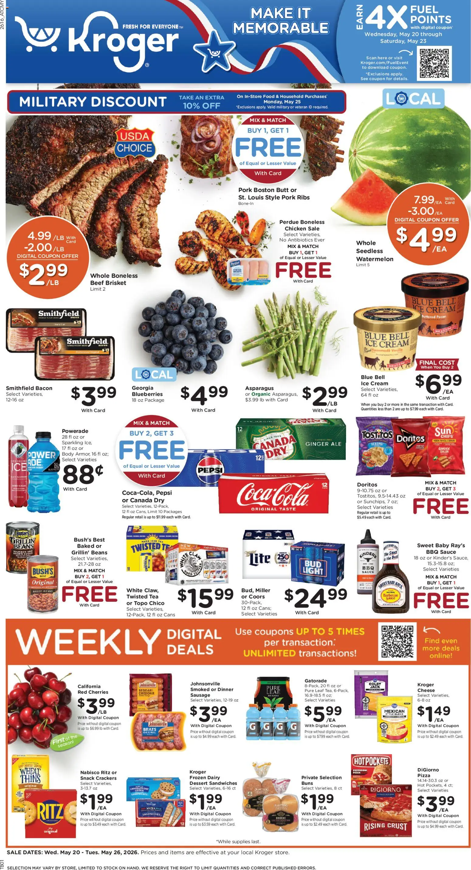 Kroger Weekly Ad - valid from 20.05.2026 | Page: 1 | Products: Asparagus, Pork, Ice cream, Blueberries