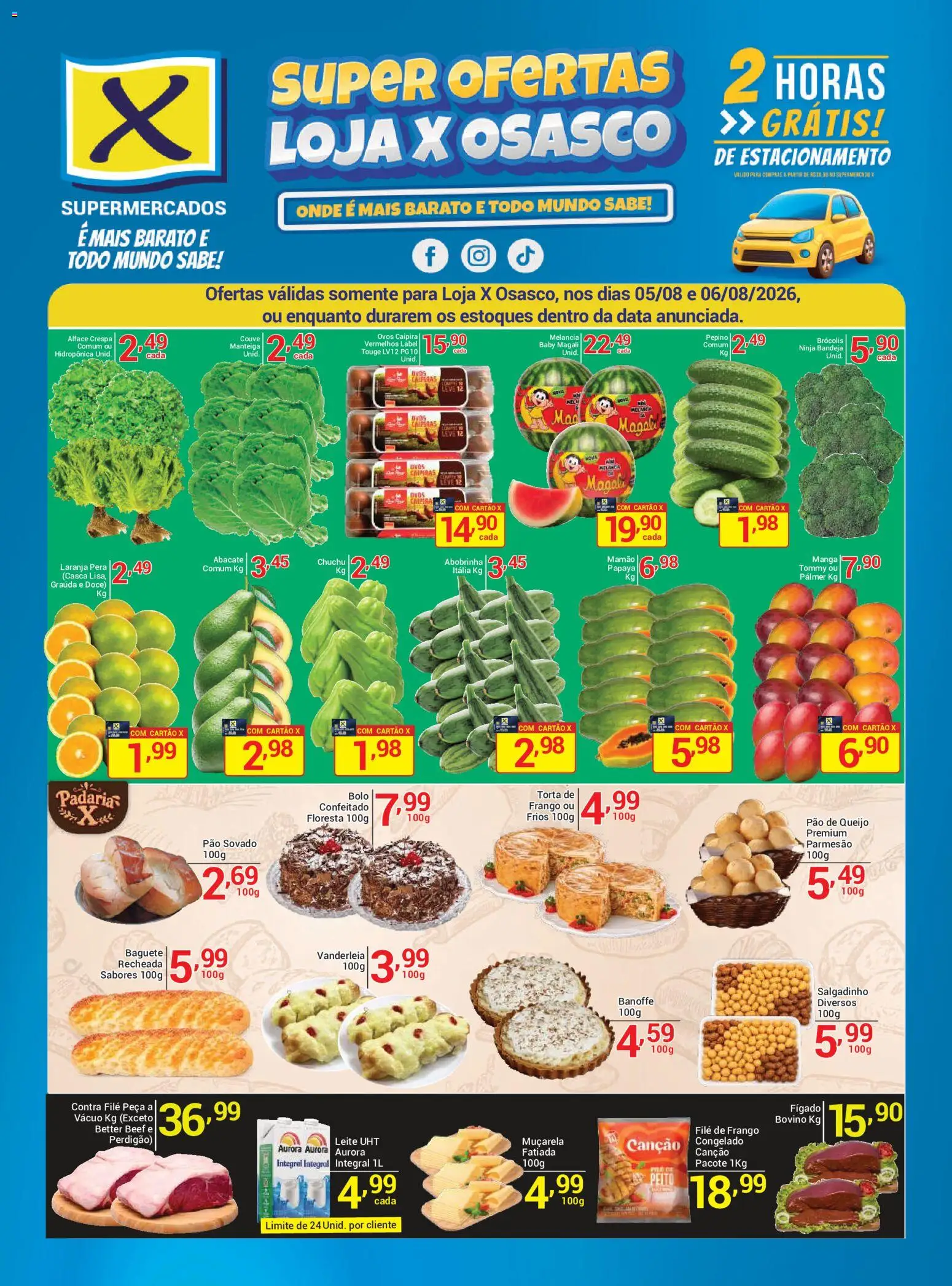 X Supermercados Folheto - válido de 05/08/2026 | Página: 1 | Produtos: Pão, Fígado, Alface, Brócolis