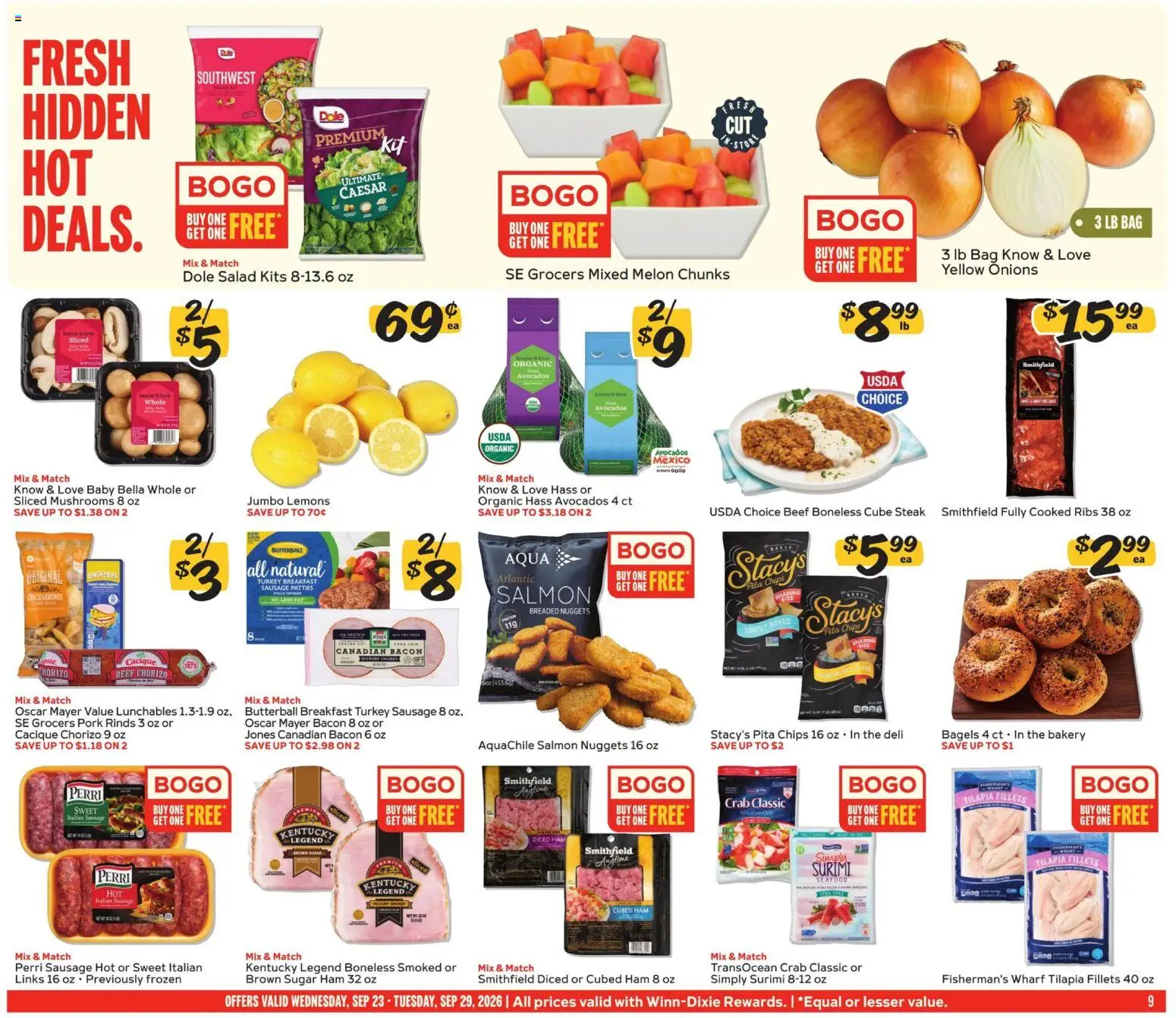 Winn Dixie Weekly Ad - valid from 09/23/2026 | Page: 9 | Products: Mushrooms, Ham, Chips, Salmon