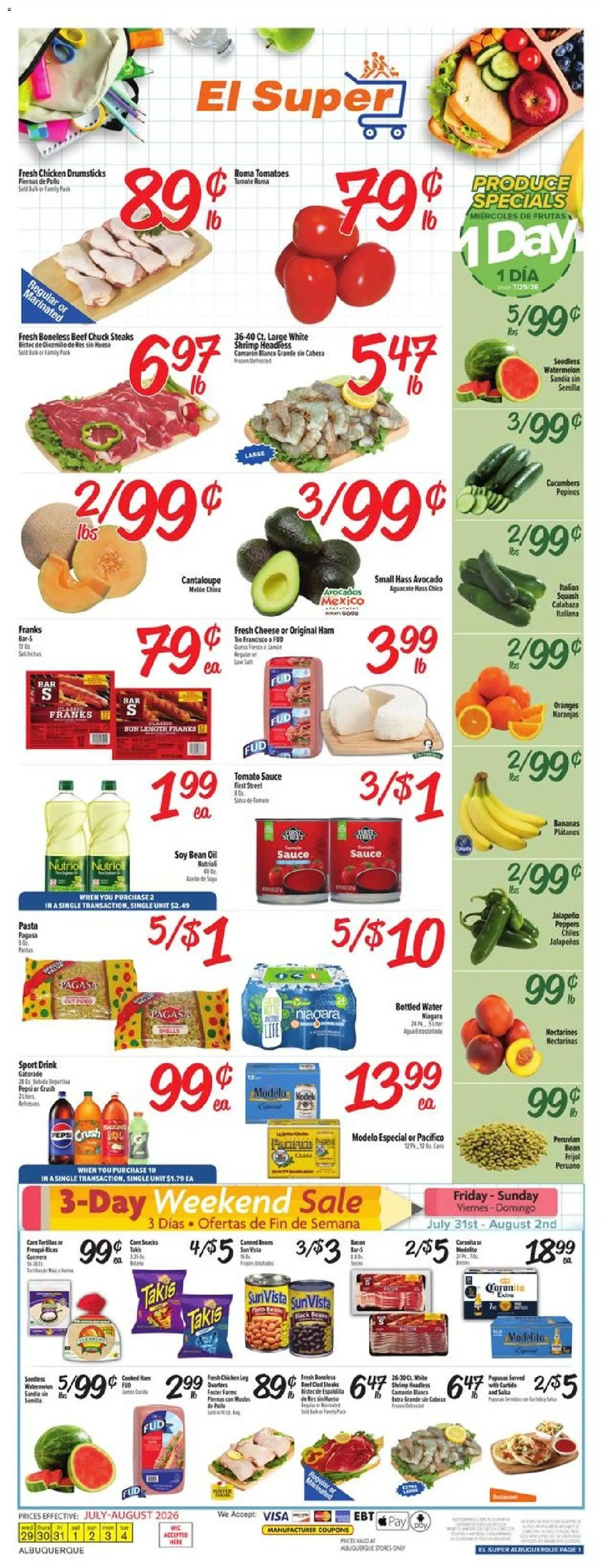 El Super Weekly Ad - NM - valid from 07/29/2026 | Page: 1 | Products: Oranges, Avocado, Water, Melon