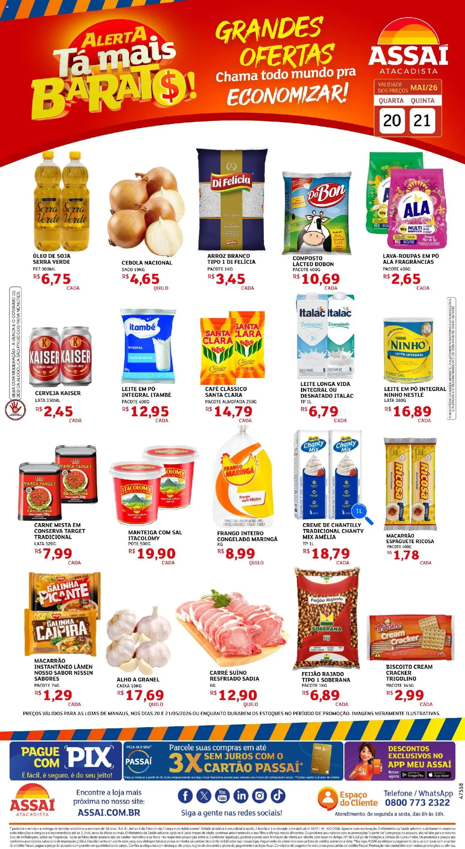 Assaí Atacadista Folheto - válido de 21.05.2026 | Página: 1 | Produtos: Espaguete, Biscoito, Leite integral, Frango