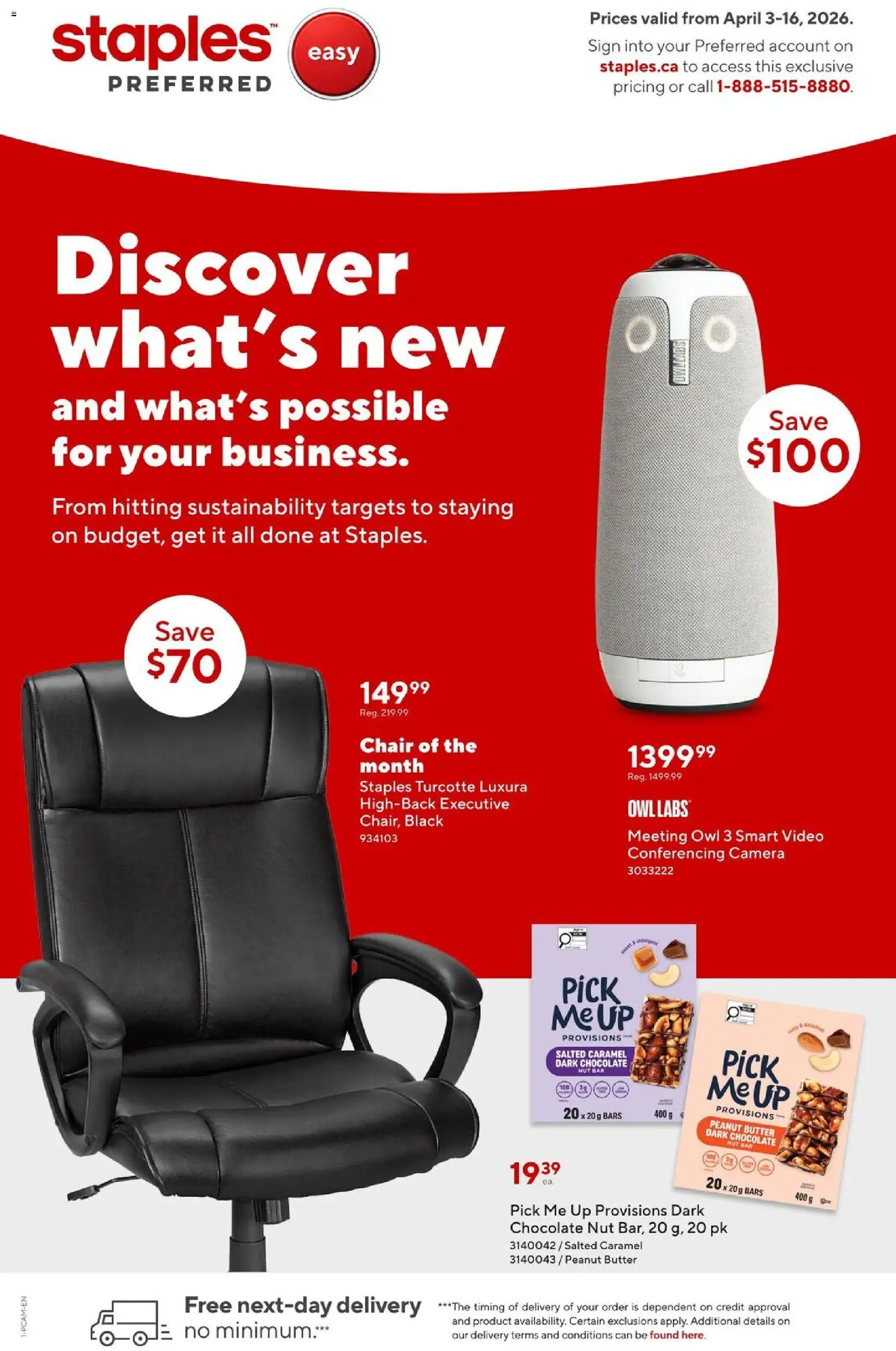 Staples flyer valid from 03.04.2026 | Page: 1 | Products: Video, Camera, Butter, Chocolate