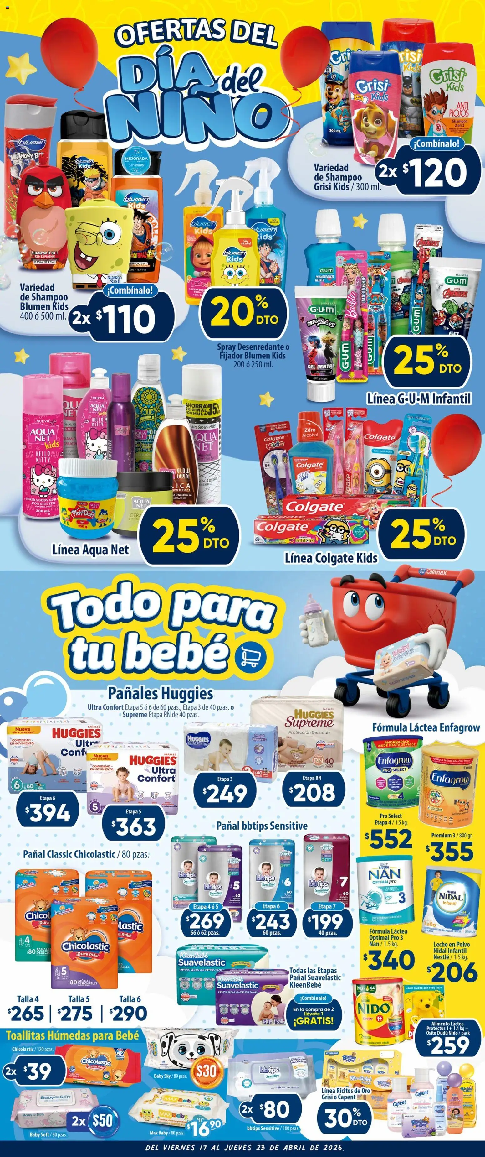 Nuevas ofertas de Calimax válidas en toda la República Mexicana desde el 17.04.2026. ¡Encuentra las mejores ofertas en Calimax folleto! | Página: 4 | Productos: Toallitas húmedas, Glitter, Loción, Polvo