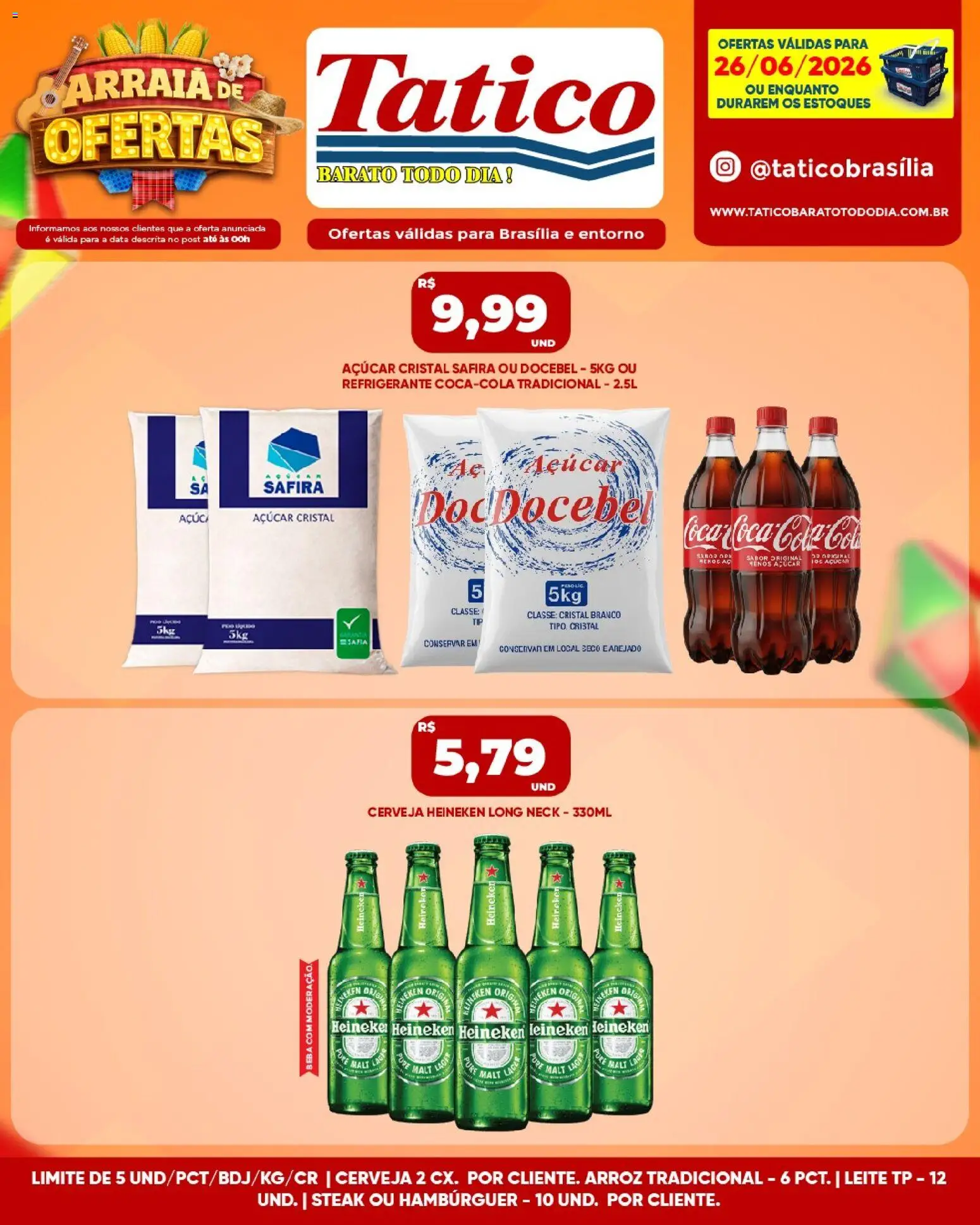 Tatico Folheto - válido de 26/06/2026 | Página: 6 | Produtos: Leite, Cerveja, Cerveja Heineken, Açúcar