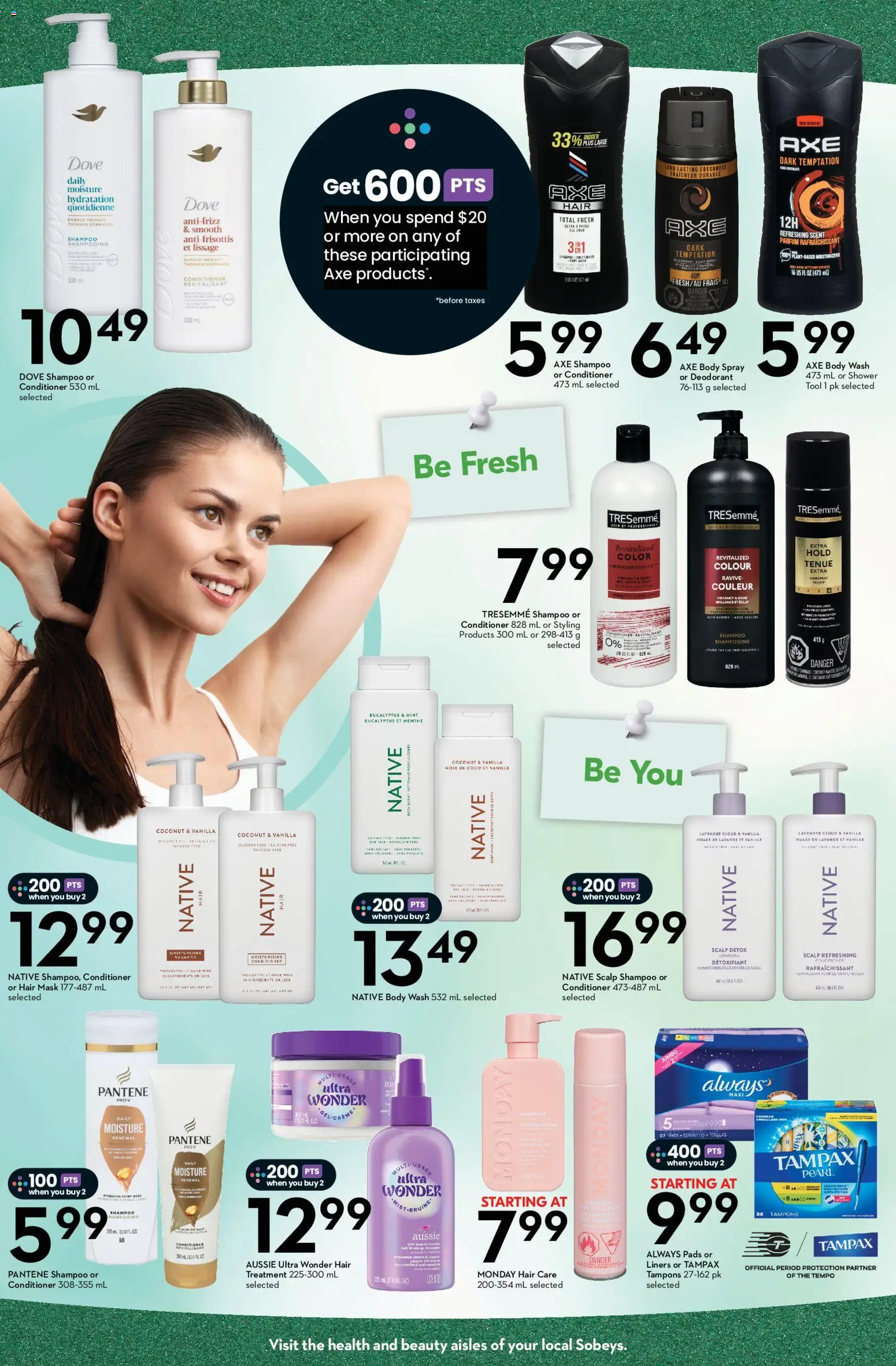 Sobeys flyer valid from Aug 13, 2026 | Page: 3 | Products: Conditioner, Tampons, Shower, Chocolate