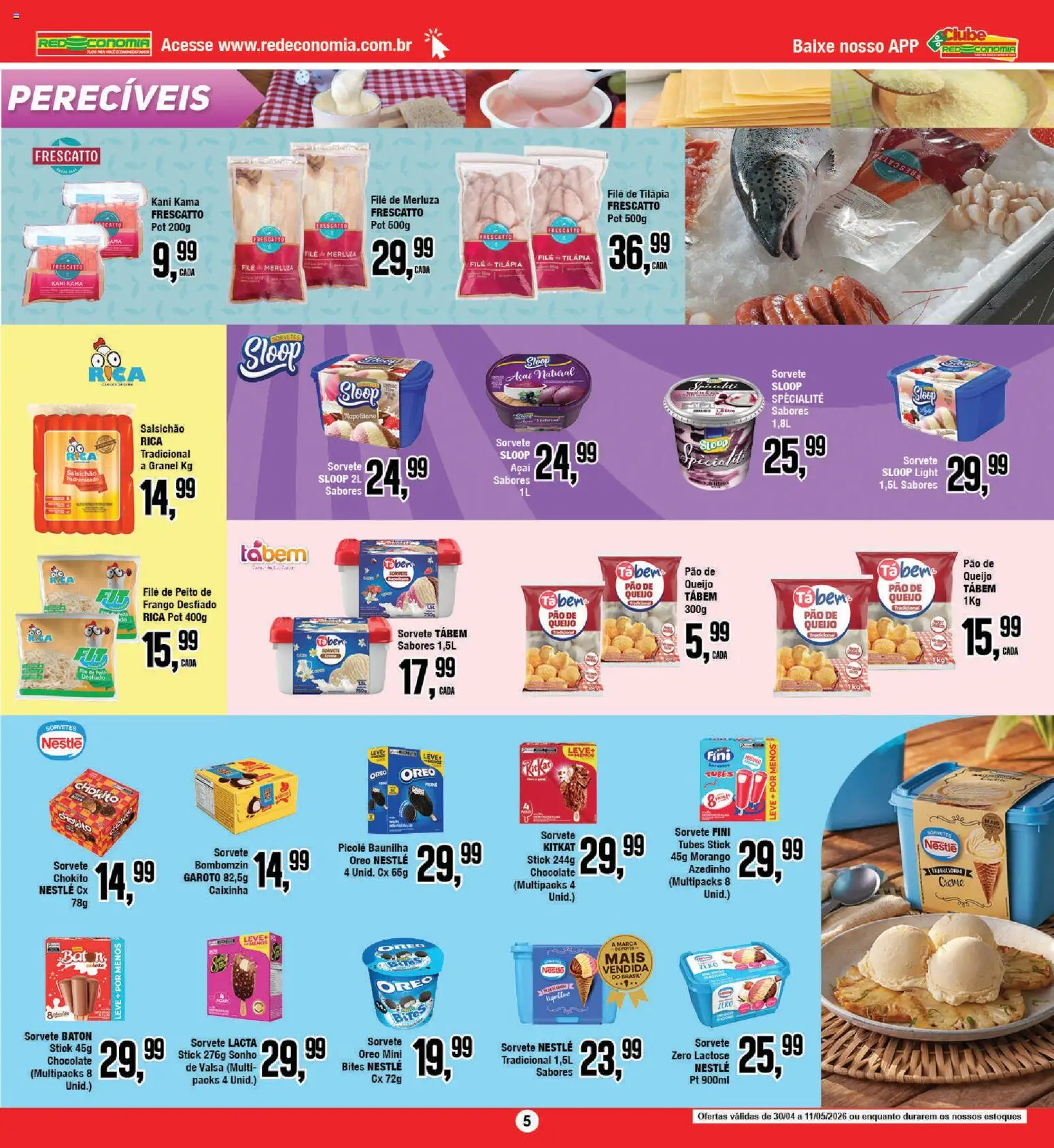 RedEconomia Folheto - válido de 11.05.2026 | Página: 5 | Produtos: Queijo, Pão, Picolé, Filé de tilápia