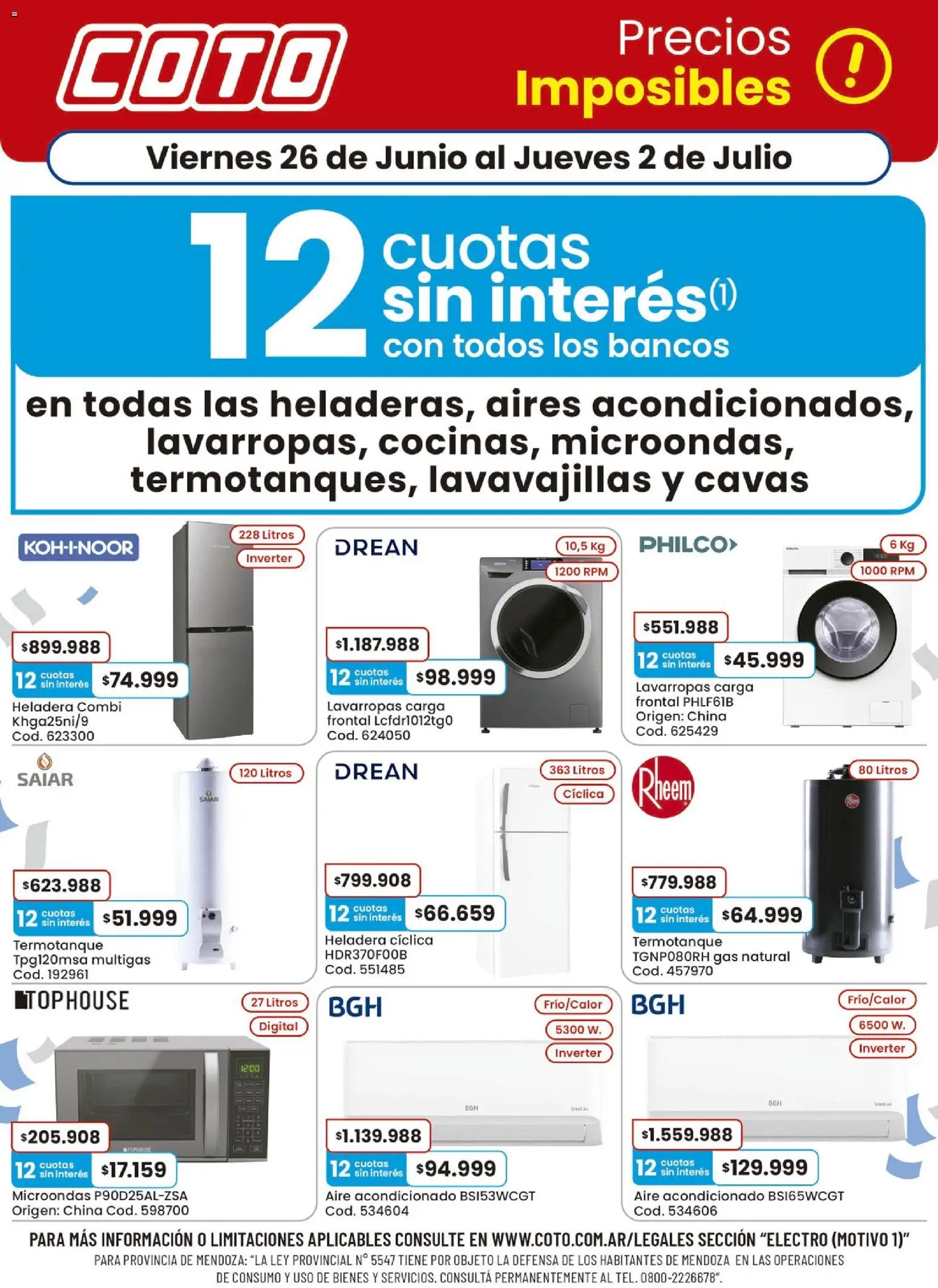 Coto - Electro Motivo B │ válido desde el 26/06/2026 | Página: 1 | Productos: Aire acondicionado, Lavarropas, Microondas, Termotanque