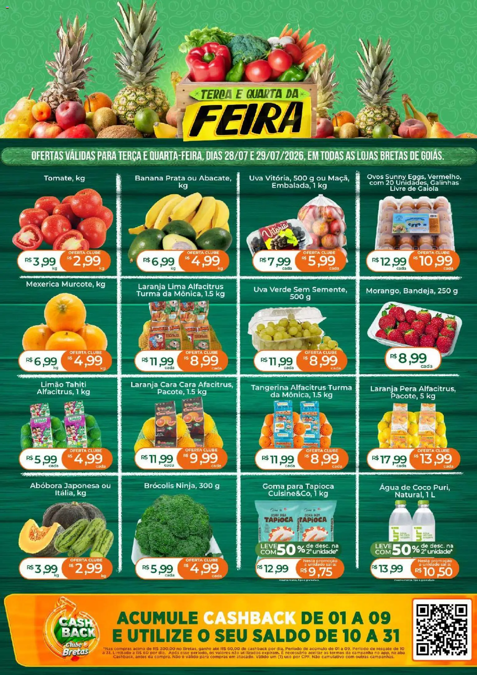 Bretas Folheto - válido de 28/07/2026 | Página: 1 | Produtos: Mexerica, Água de coco, Tapioca, Sal