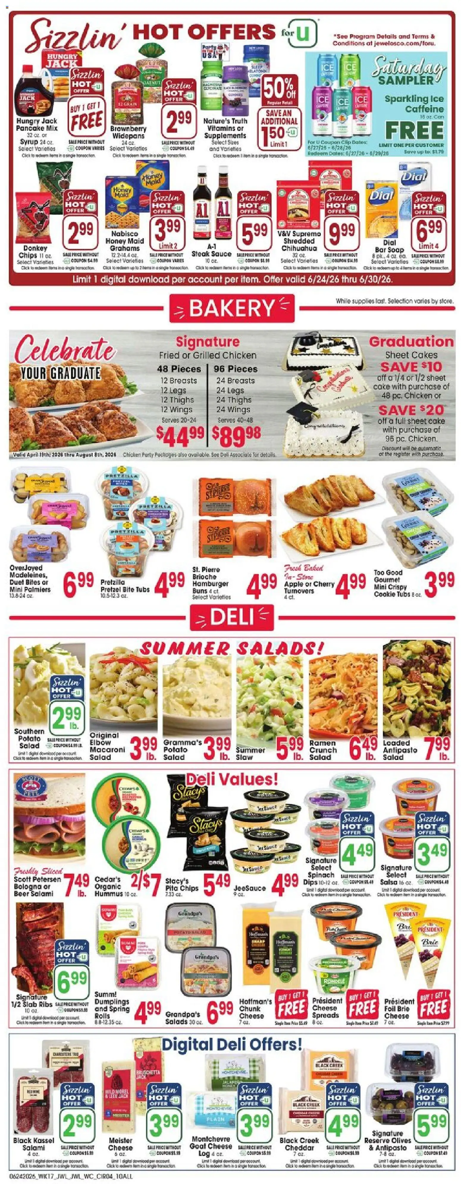 Jewel Osco Weekly Ad - valid from 06/24/2026 | Page: 4 | Products: Cheese, Salami, Soap, Salad