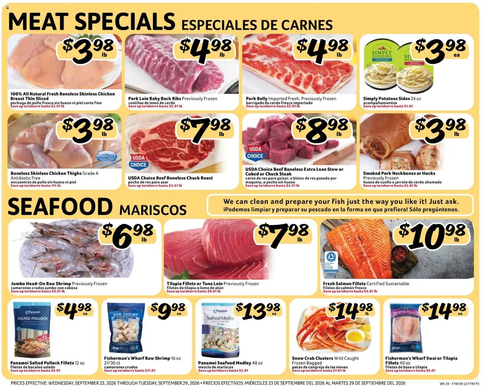 Fresco y Más Weekly Ad - valid from 09/23/2026 | Page: 3 | Products: Chicken, Pork, Fish, Beef