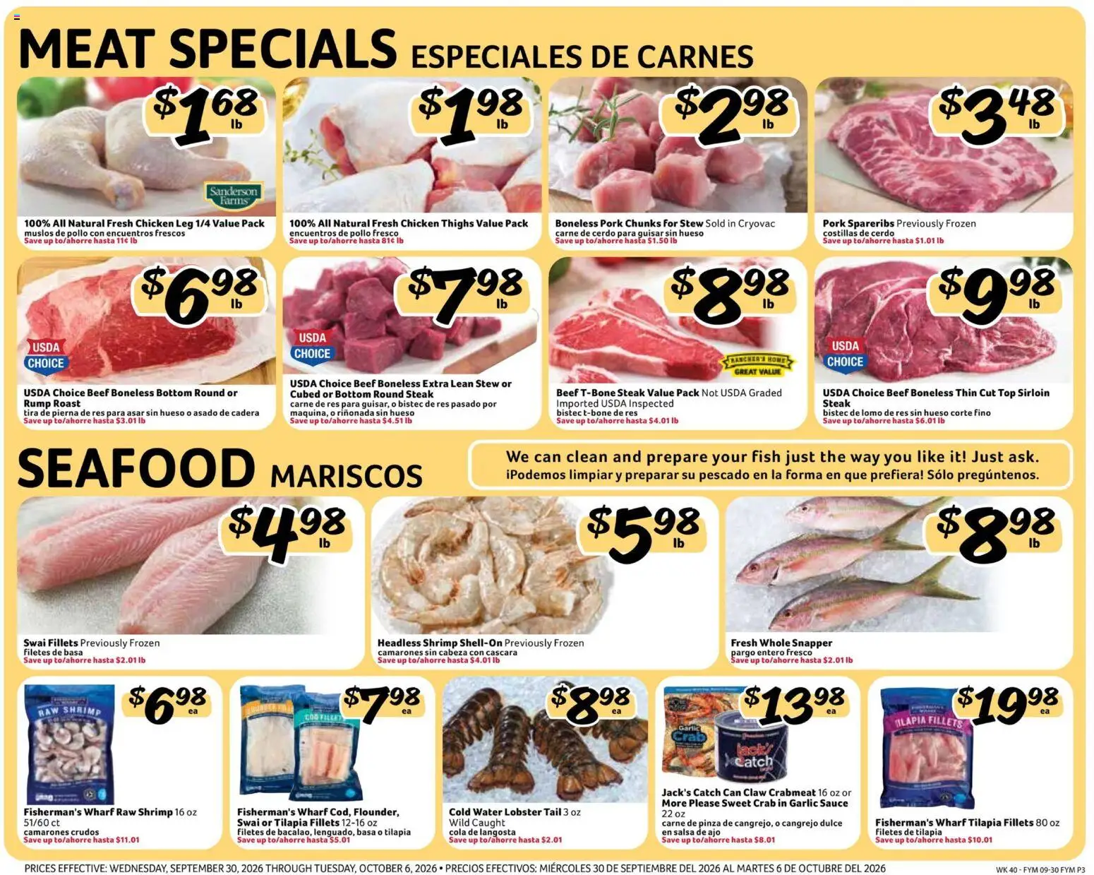 Fresco y Más Weekly Ad - valid from 09/30/2026 | Page: 3 | Products: Pork, Tilapia, Sauce, Seafood