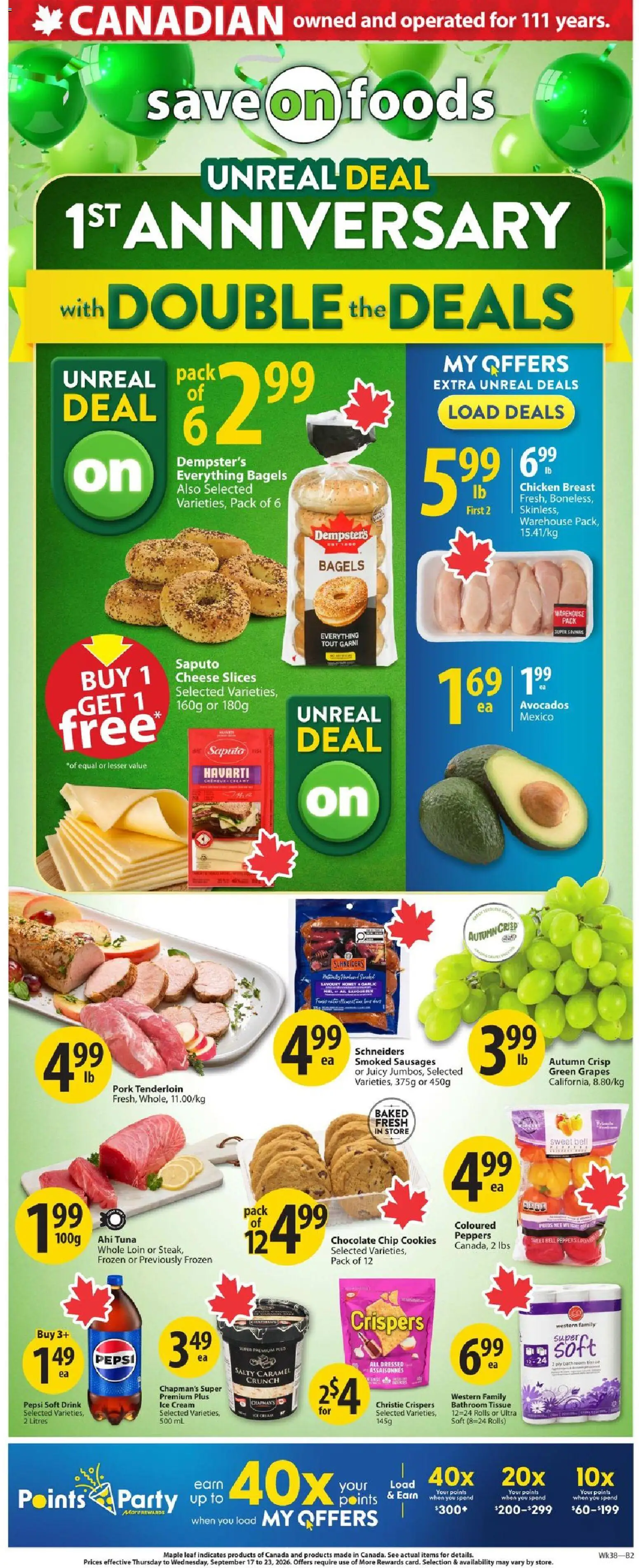 Save on foods flyer valid from Sep 17, 2026 | Page: 1 | Products: Pepsi, Garlic, Chocolate, Grapes