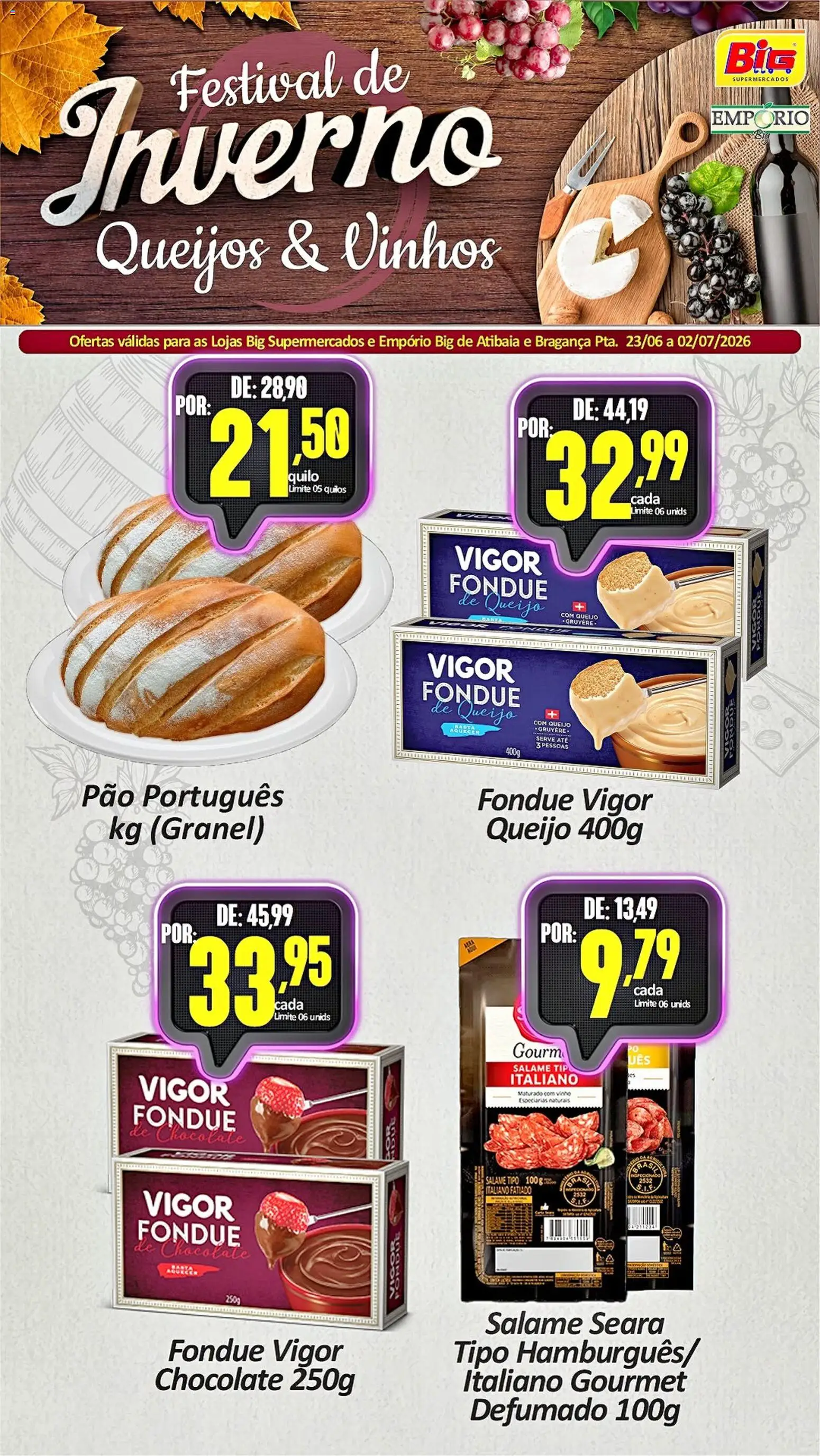Big Supermercados Folheto - válido de 23/06/2026 | Página: 1 | Produtos: Pão, Chocolate, Salame, Vinho