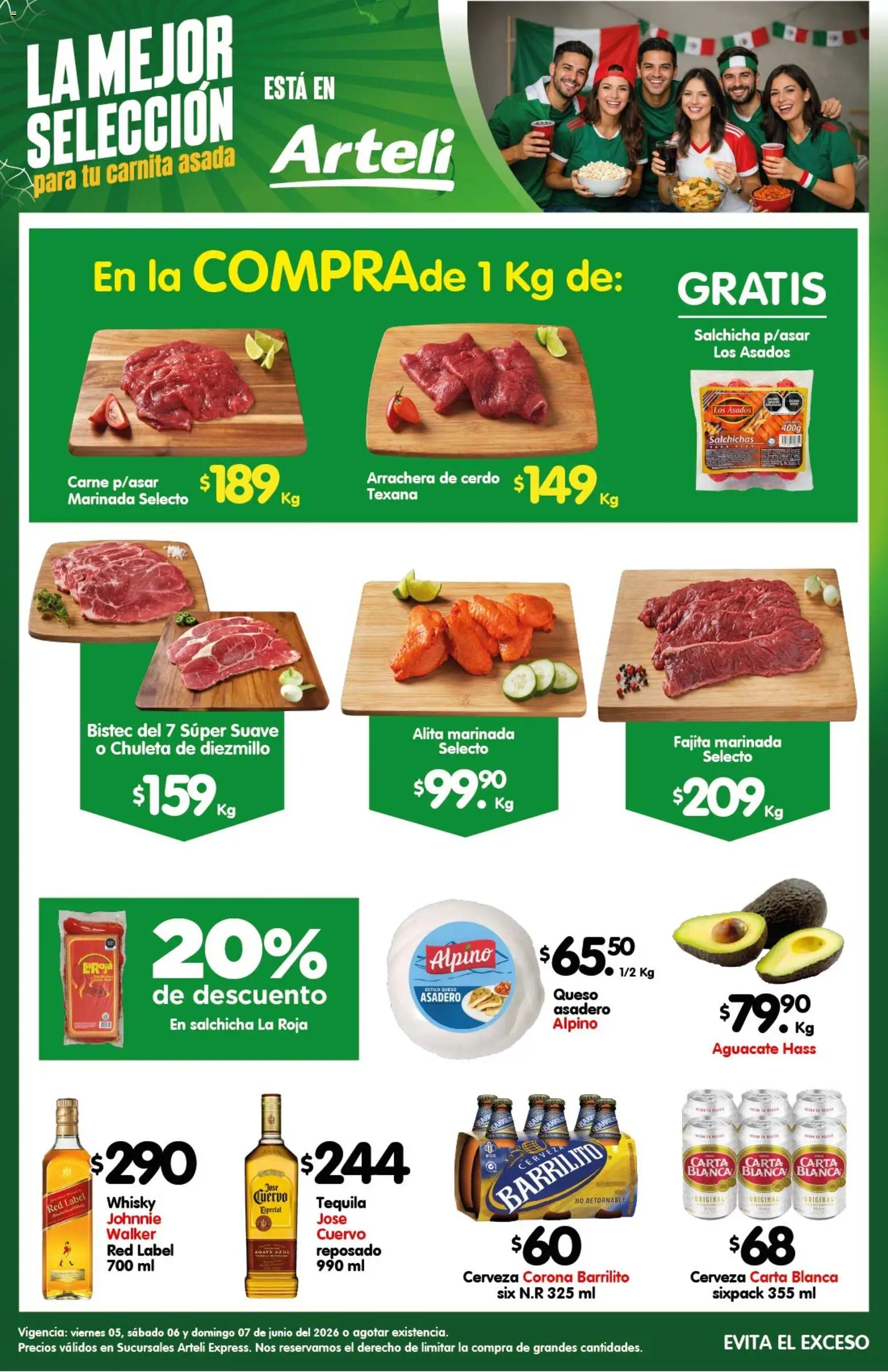 Nuevas ofertas de Arteli válidas en toda la República Mexicana desde el 05/06/2026. ¡Encuentra las mejores ofertas en Arteli folleto Carne Express! | Página: 1 | Productos: Salchicha, Aguacate, Cerdo, Whisky