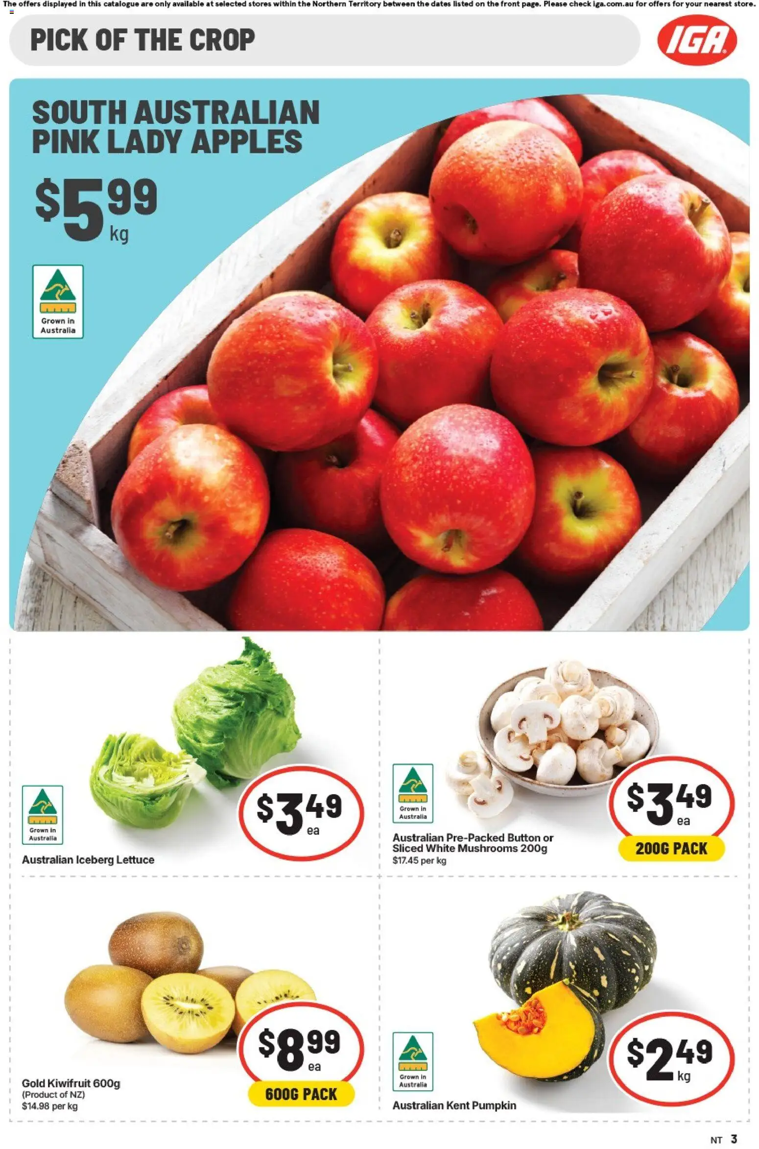 IGA catalogue - valid from 05/08/2026 | Page: 3 | Products: Apples, Mushrooms, Kiwifruit, Pumpkin