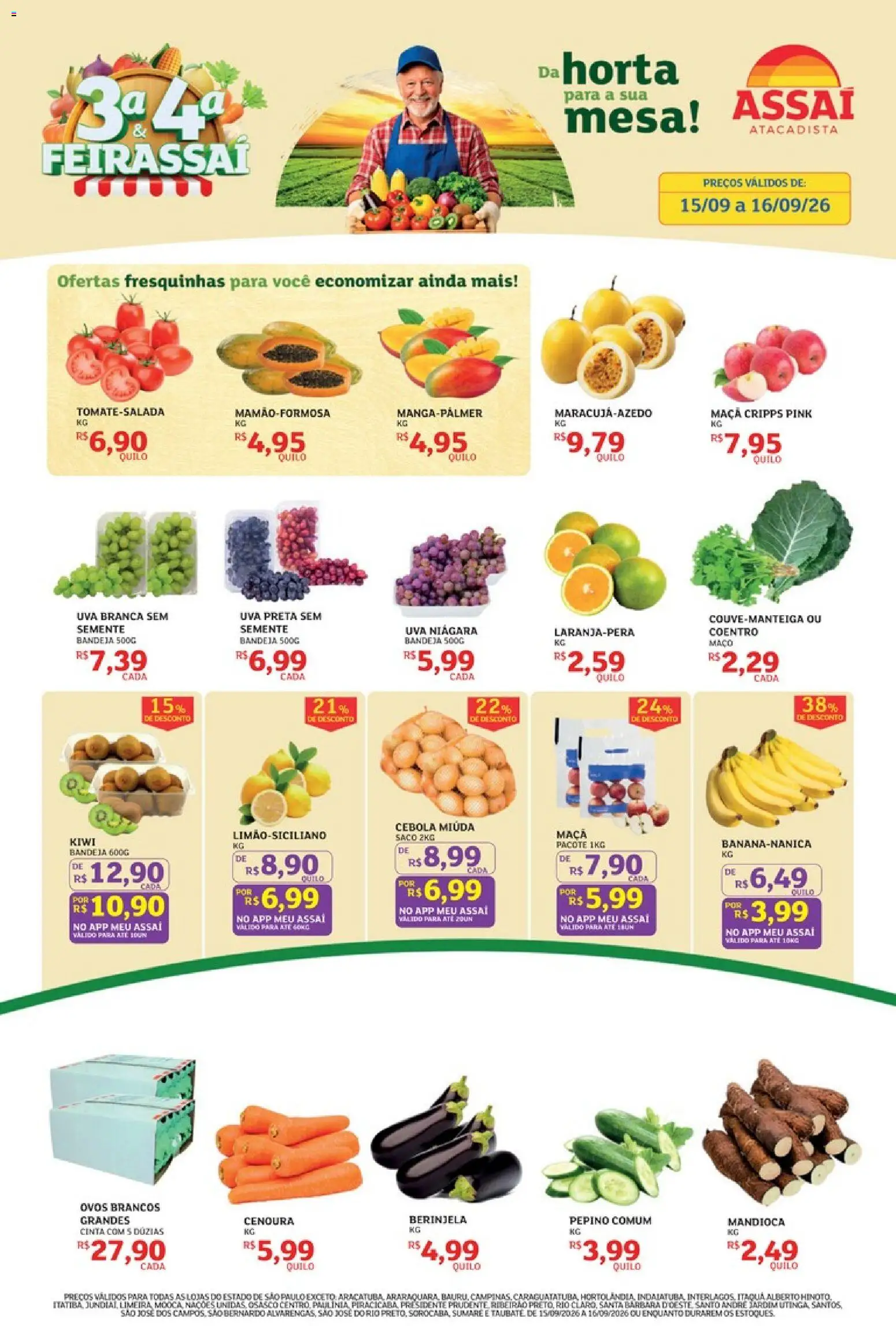 Assaí Atacadista Folheto - válido de 15/09/2026 | Página: 1 | Produtos: Berinjela, Mandioca, Uva, Kiwi