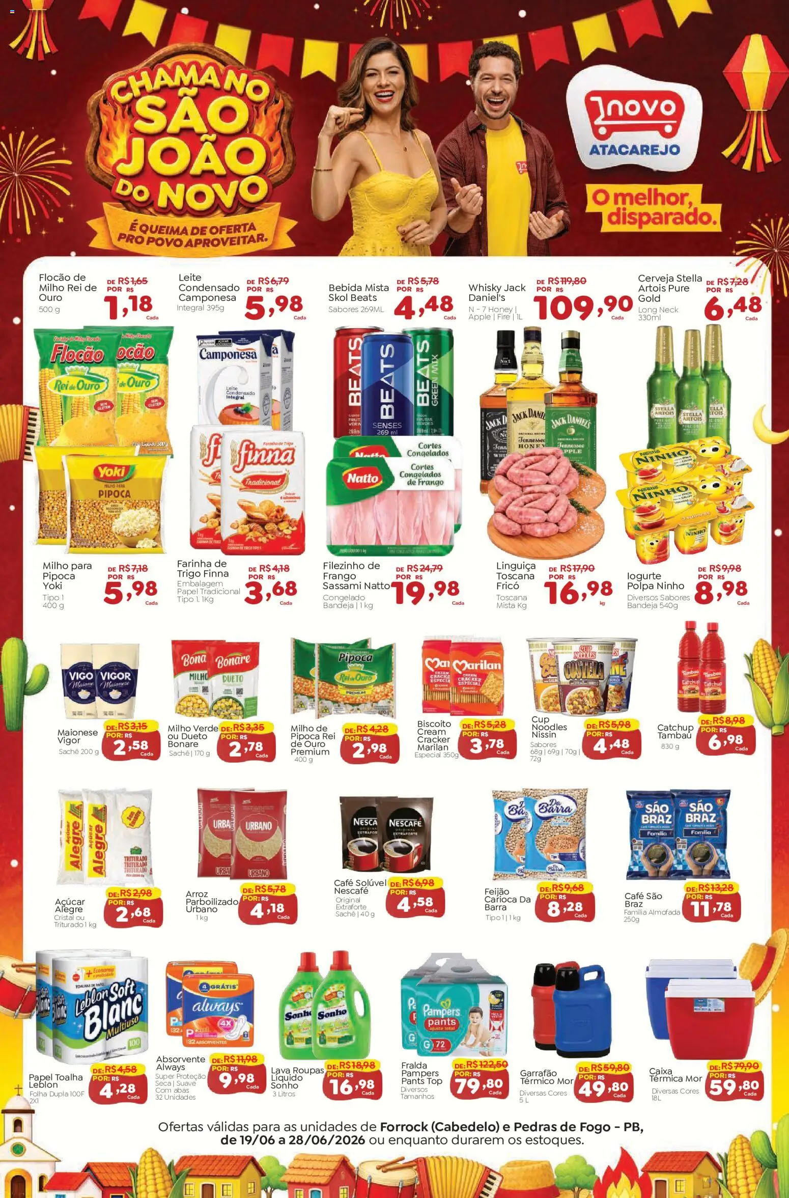 Novo Atacarejo Folheto - válido de 19/06/2026 | Página: 1 | Produtos: Arroz, Bandeja, Café solúvel, Pipoca