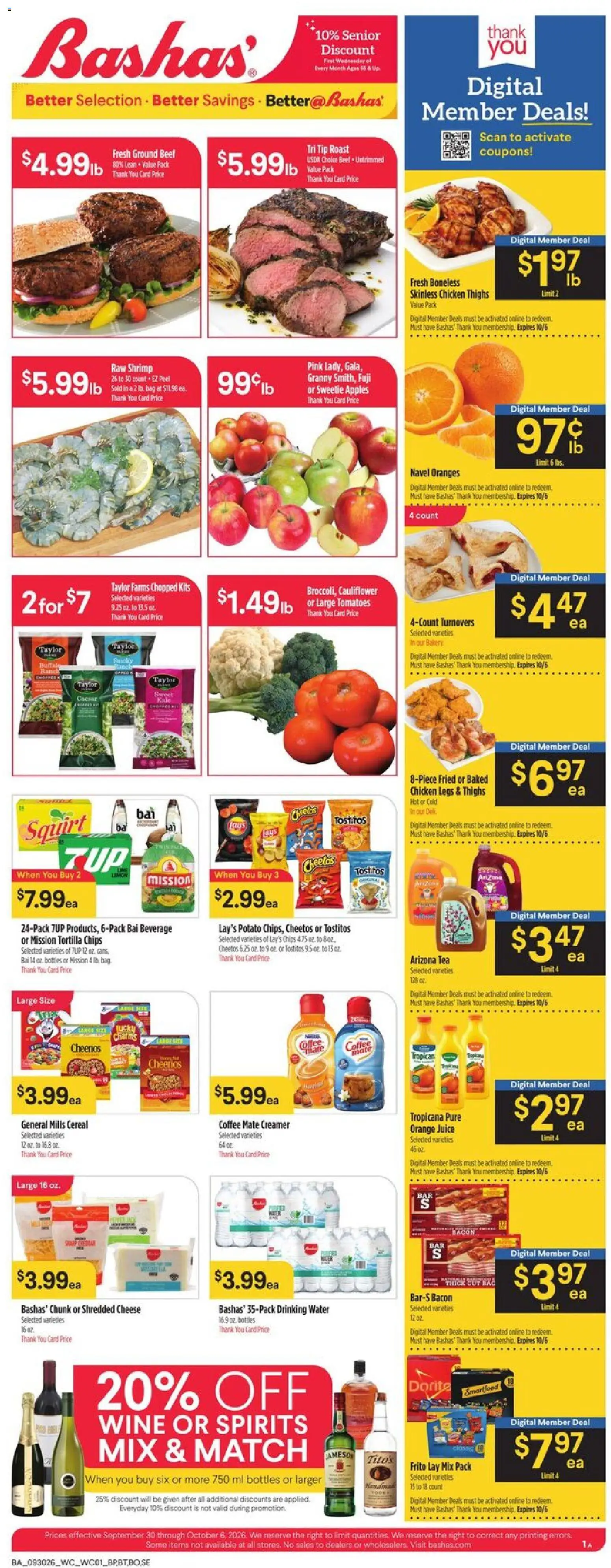 Basha's Weekly Ad - valid from 09/30/2026 | Page: 1 | Products: Beef, Chicken thighs, Tortilla chips, Bag