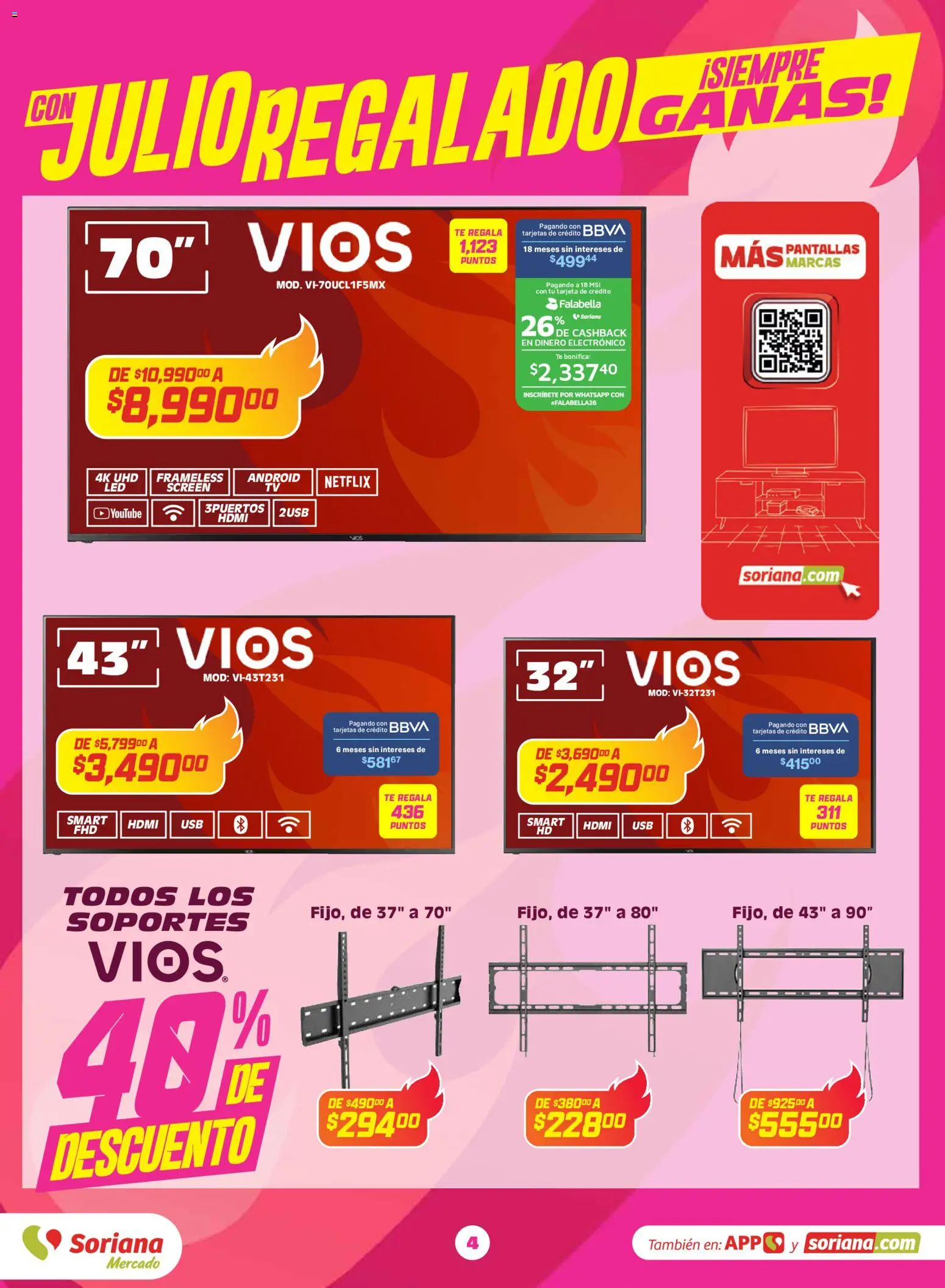 Nuevas ofertas de Soriana válidas en toda la República Mexicana desde el 03.06.2026. ¡Encuentra las mejores ofertas en Soriana Con Julio Regalado siempre ganas Mercado Nacional! | Página: 4 | Productos: Pantallas, Té