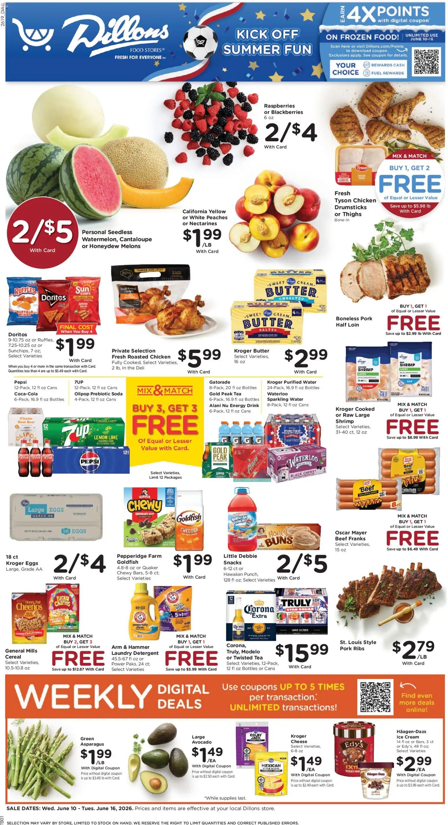 Dillons Weekly Ad - valid from 10.06.2026 | Page: 1 | Products: Chocolate, Beer, Ice cream, Avocado