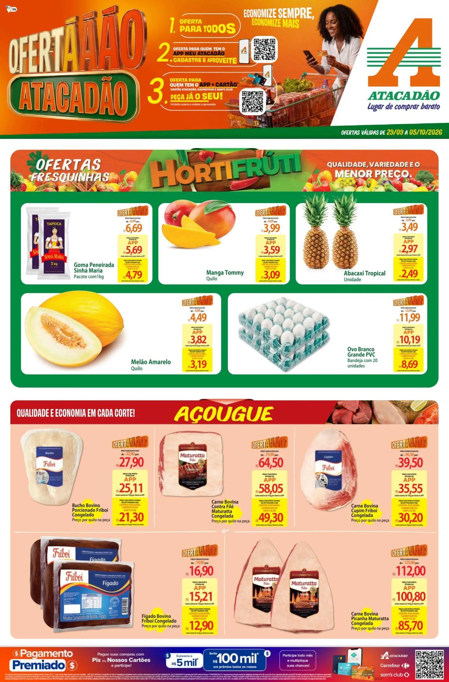 Atacadão Folheto - válido de 29/09/2026 | Página: 1 | Produtos: Melão amarelo, Carne bovina, Tapioca, Abacaxi