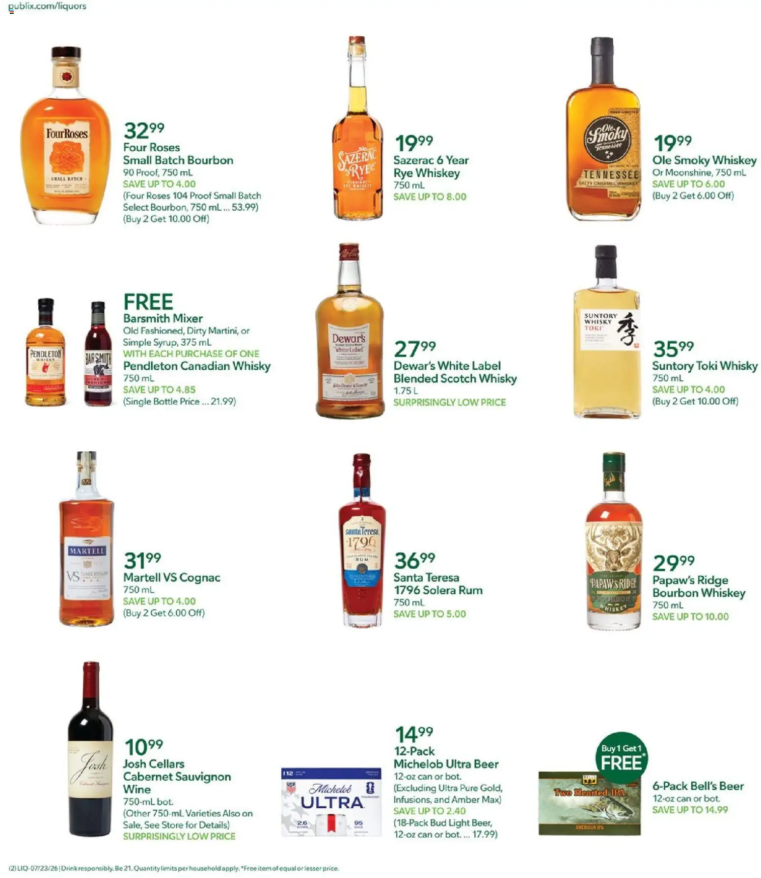 Publix Liquor Ad - valid from 07/23/2026 | Page: 2 | Products: Ridge, Wine, Bourbon, Mixer