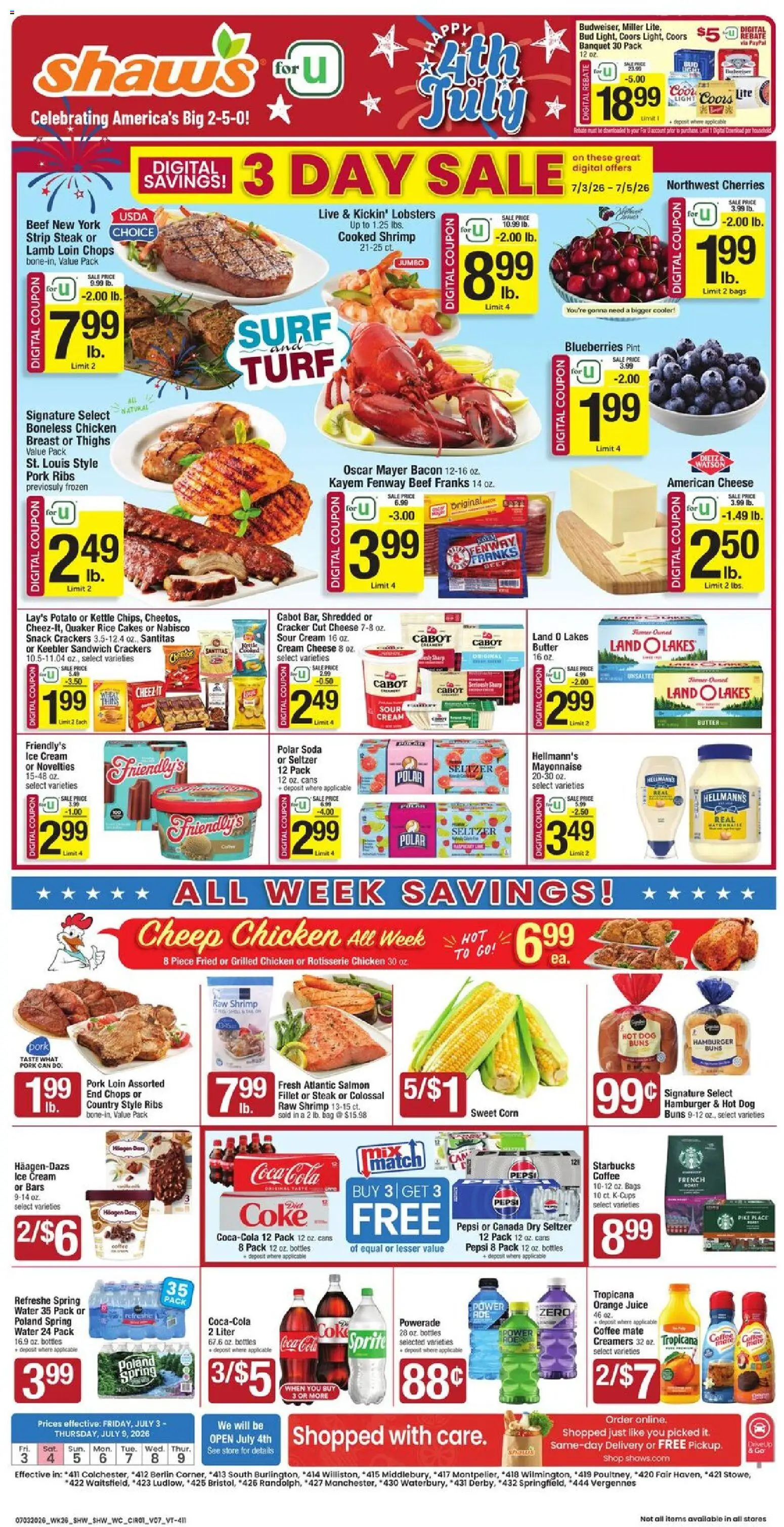 Shaw's Weekly Ad - VT - valid from 07/03/2026 | Page: 1 | Products: Cherries, Juice, Water, Kettle