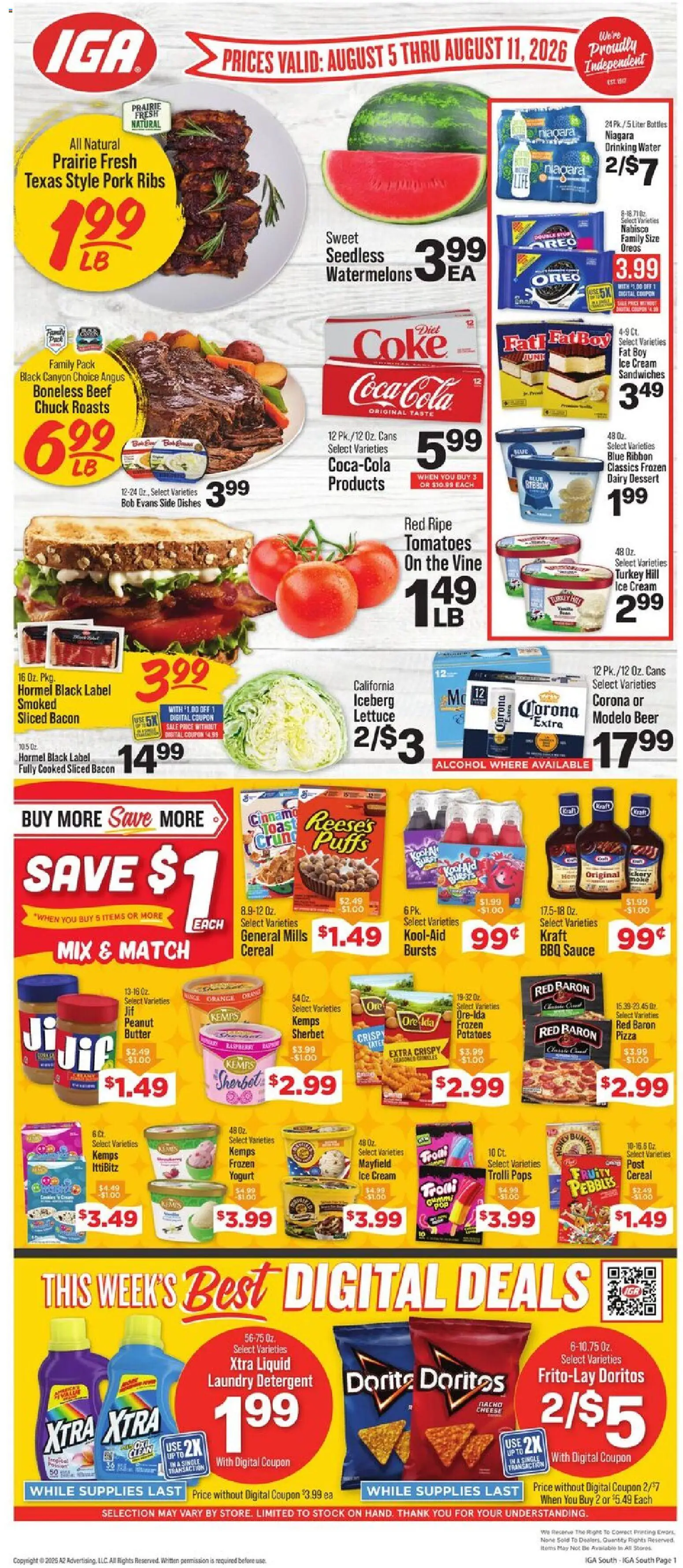 IGA Weekly Ad - valid from 08/05/2026 | Page: 1 | Products: Tomatoes, Cream, Ice cream, Water