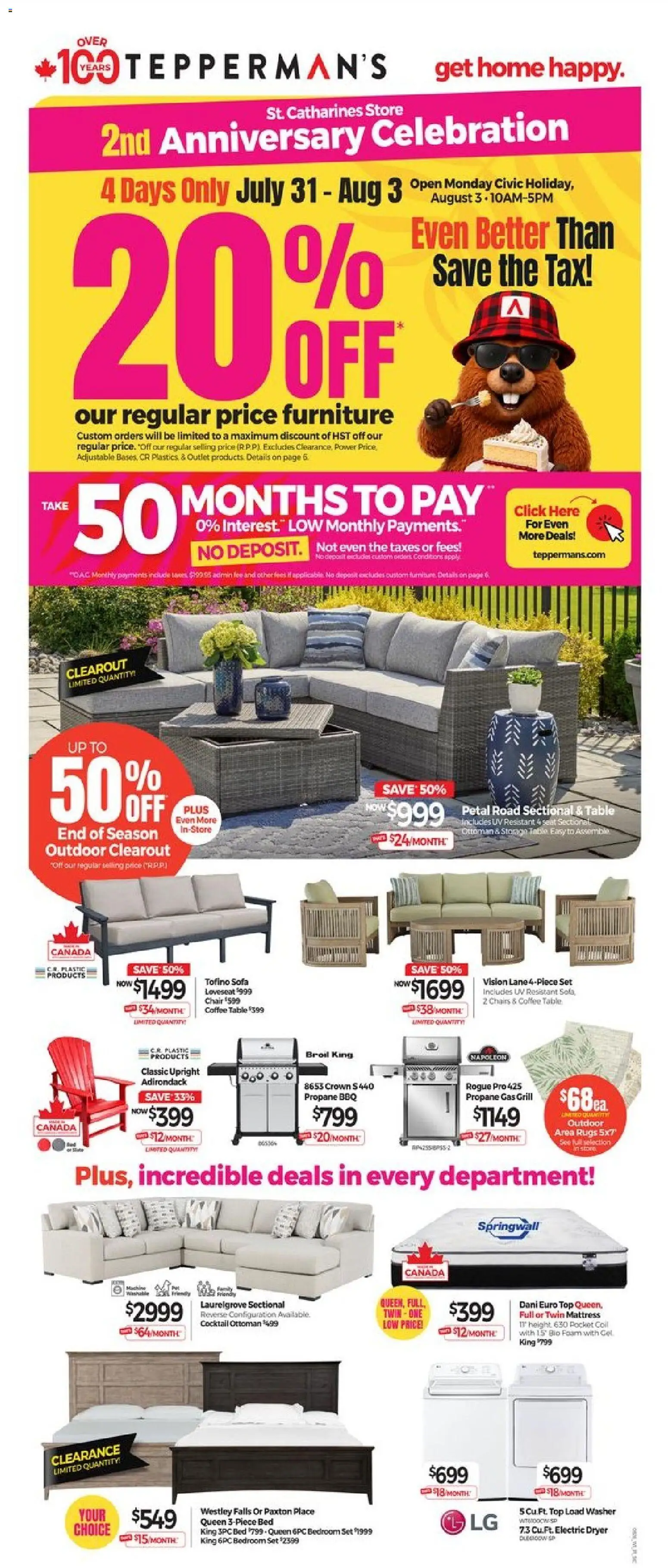 Tepperman's flyer valid from Jul 31, 2026 | Page: 5 | Products: Dryer, Grill, Sofa, Table