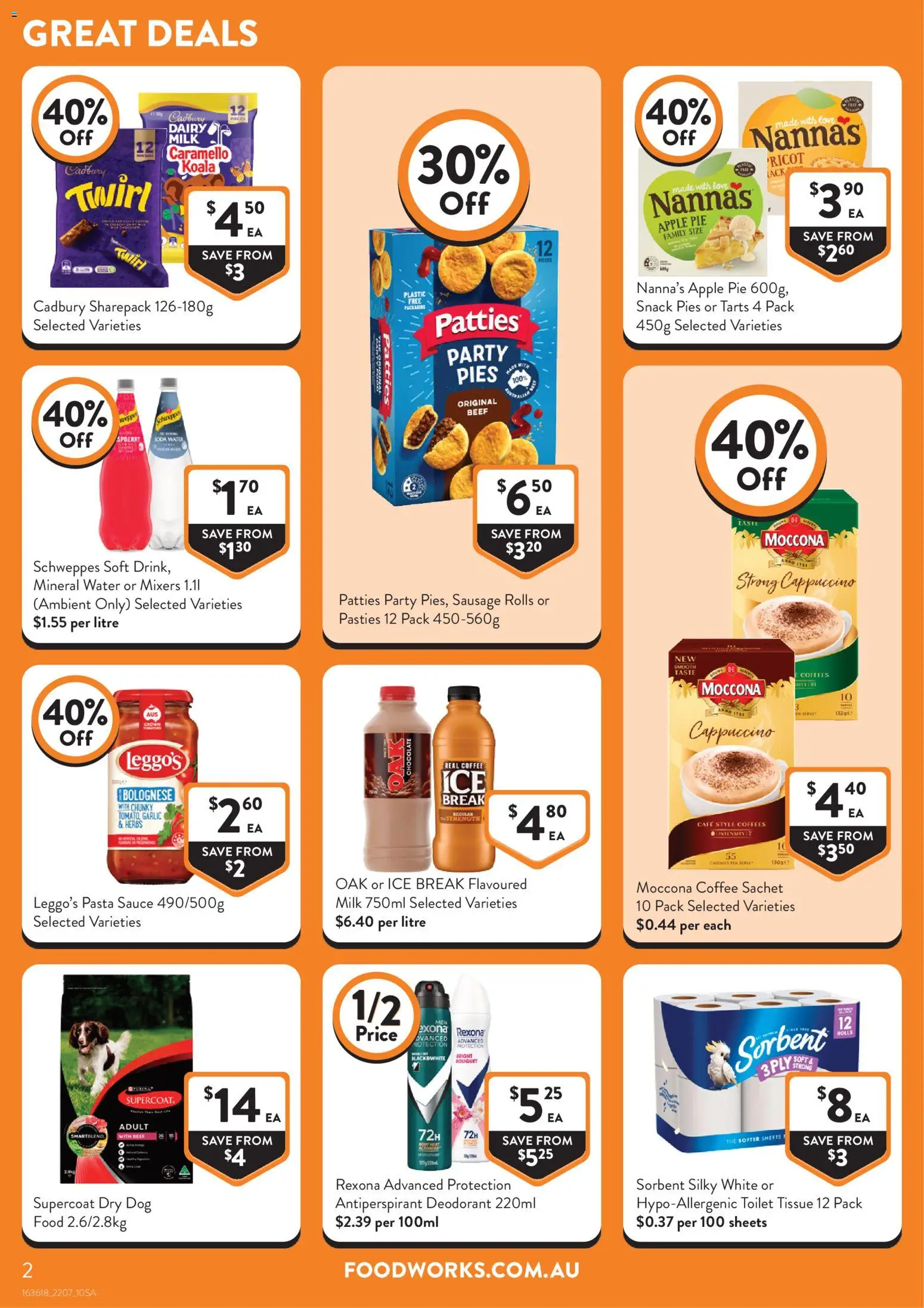 Foodworks catalogue - valid from 22/07/2026 | Page: 2 | Products: Milk, Coffee, Deodorant, Pies