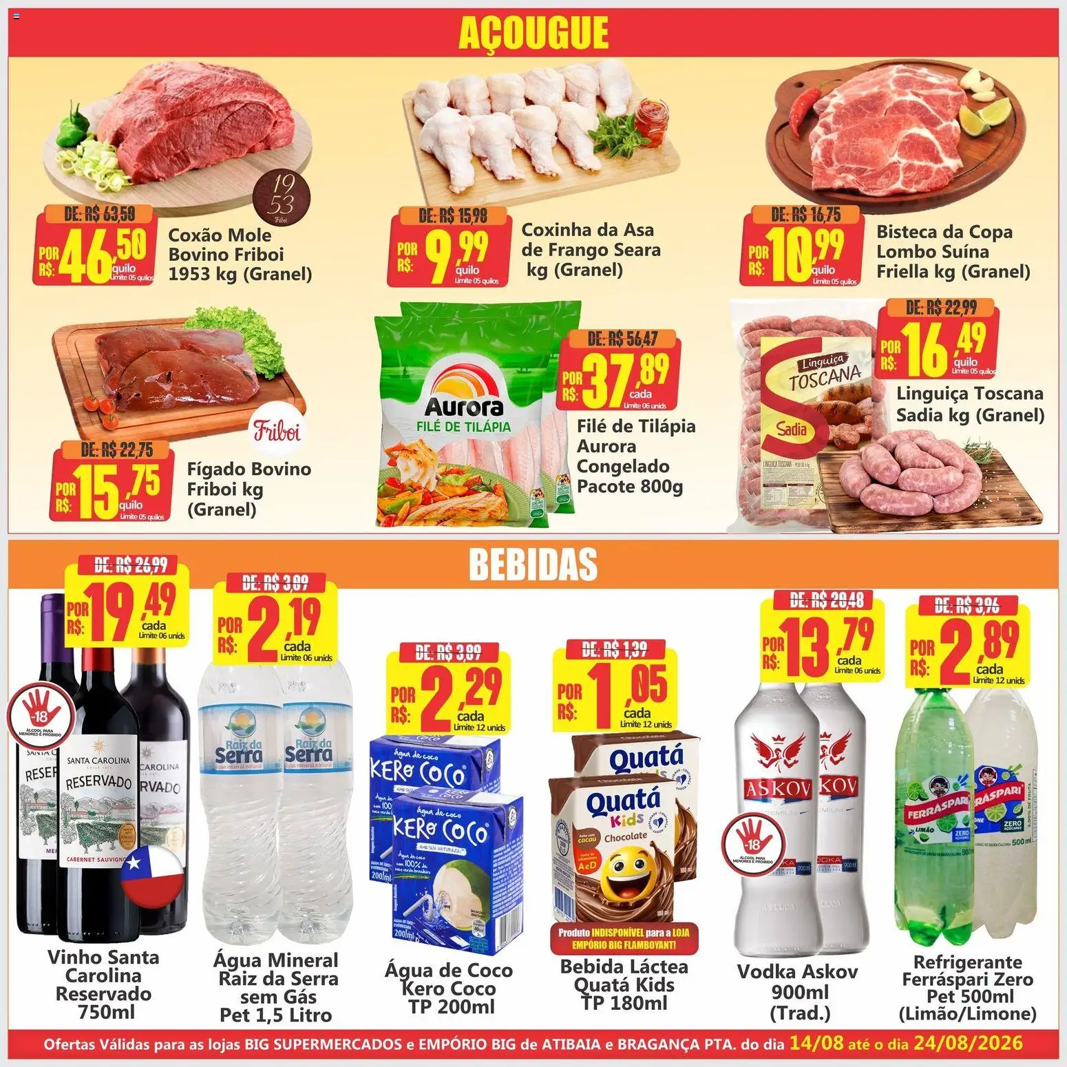 Big Supermercados Folheto - válido de 14/08/2026 | Página: 3 | Produtos: Coxão mole, Lombo, Chocolate, Bebida