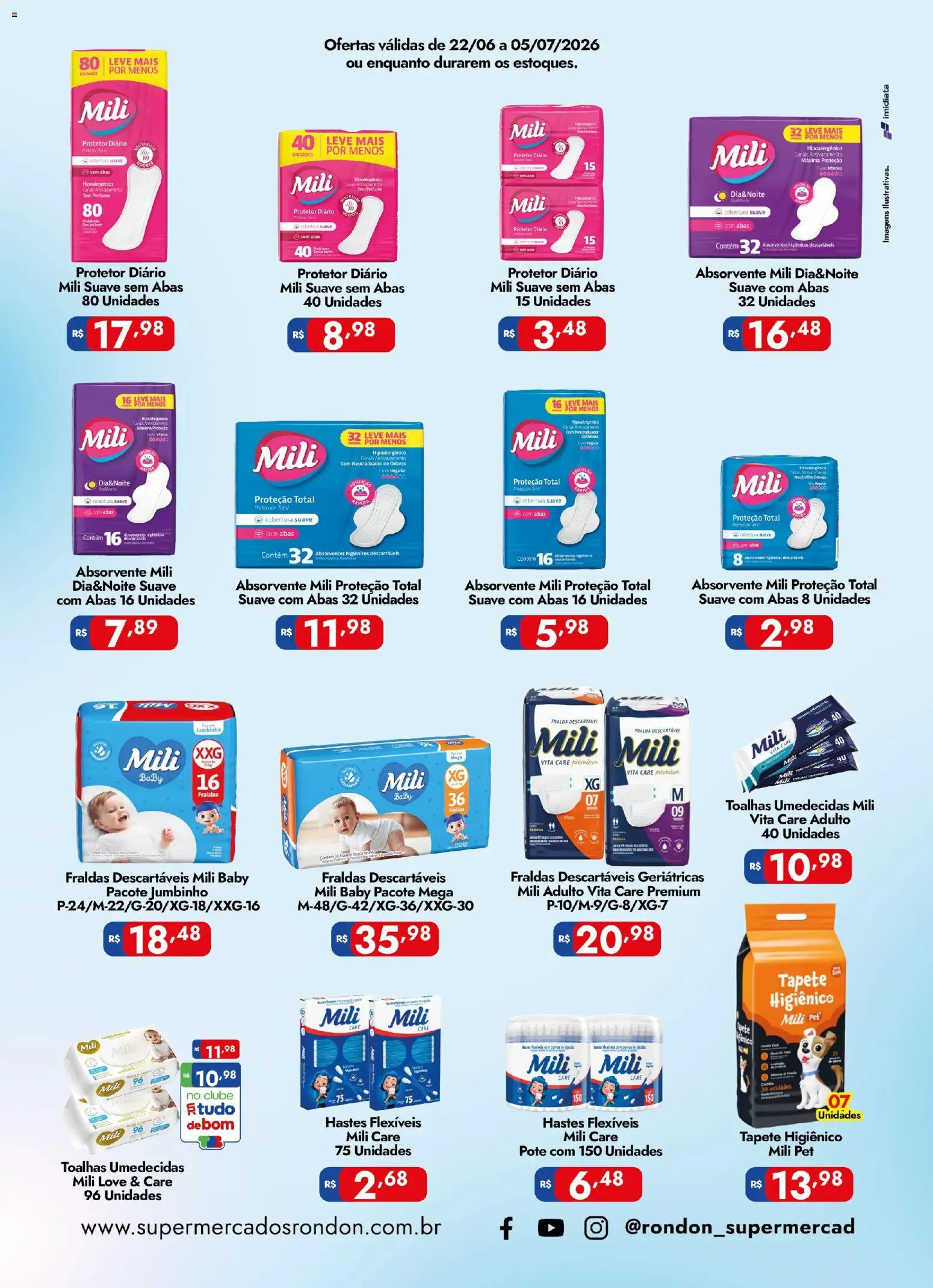 Supermercados Rondon Folheto - válido de 22/06/2026 | Página: 2 | Produtos: Tapete higiênico, Algodão, Fraldas, Absorvente