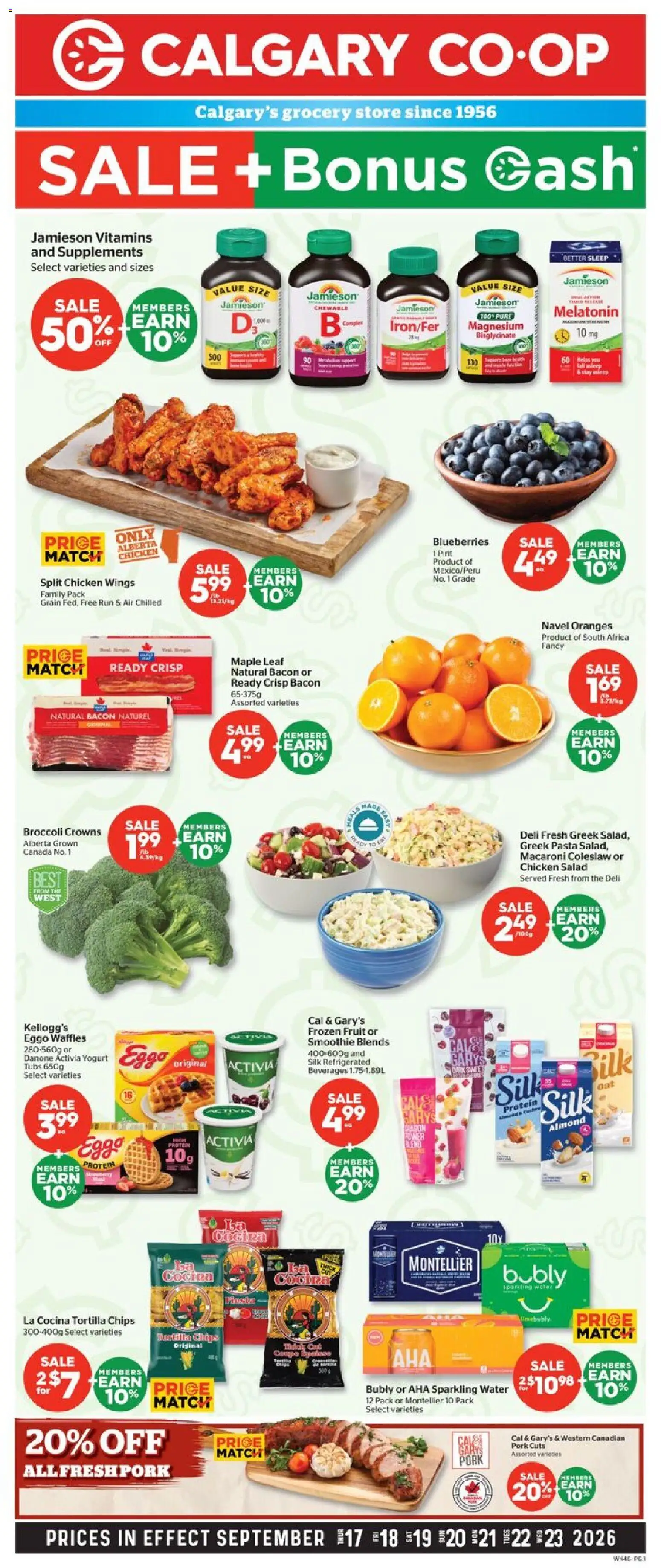 Calgary Co-op flyer valid from Sep 17, 2026 | Page: 1 | Products: Bacon, Tortilla chips, Protein, Chicken