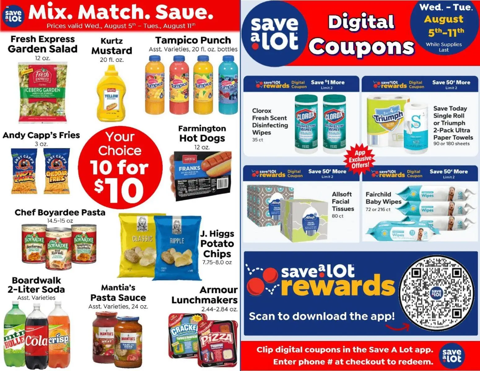Save a Lot Ad - valid from 08/05/2026 | Page: 1 | Products: Pasta, Chips, Sauce, Garlic