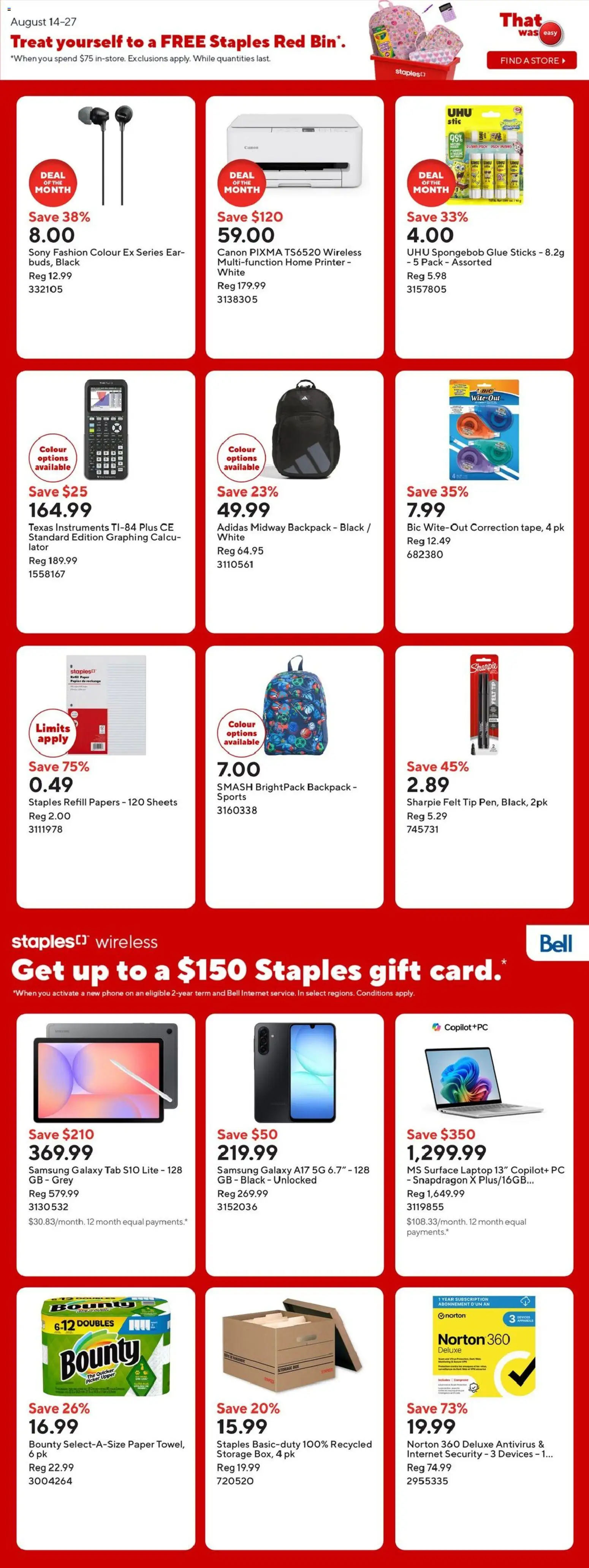 Staples flyer valid from Aug 21, 2026 | Page: 3 | Products: Backpack, Printer, Laptop, Box