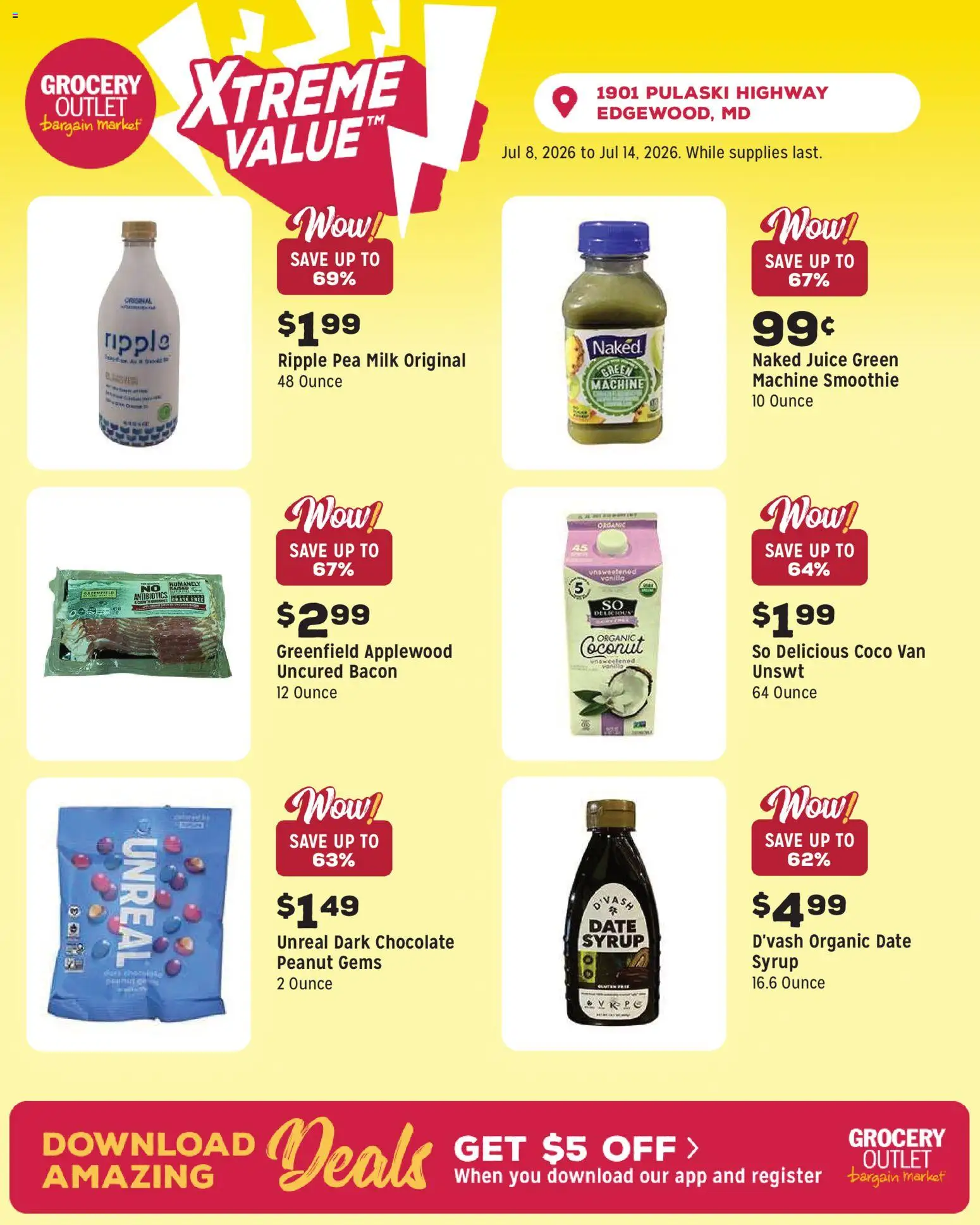 Grocery Outlet Weekly Ad - valid from 07/08/2026 | Page: 5 | Products: Milk, Chocolate, Juice, Pea