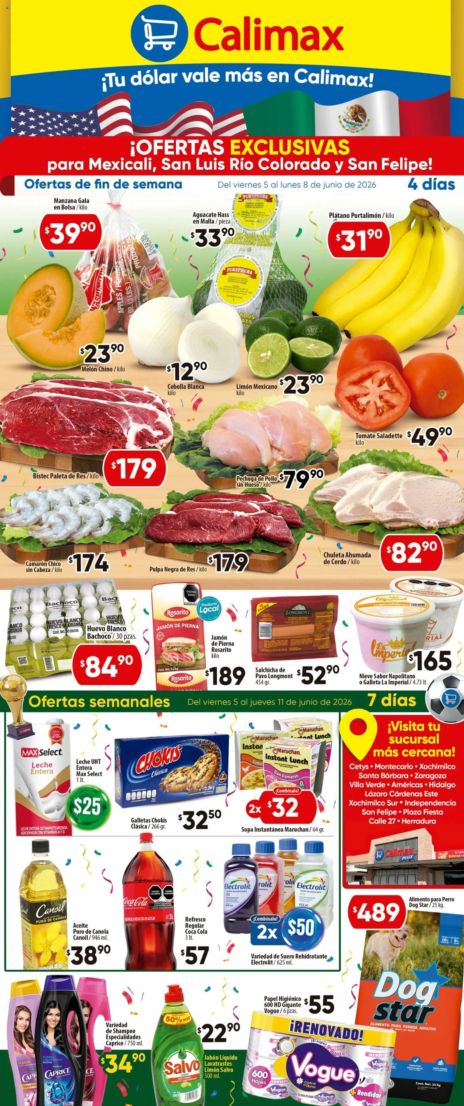 Nuevas ofertas de Calimax válidas en toda la República Mexicana desde el 05.06.2026. ¡Encuentra las mejores ofertas en Calimax folleto Mexicali y SLRC! | Página: 1 | Productos: Plátano, Bolsa, Galletas, Jabón