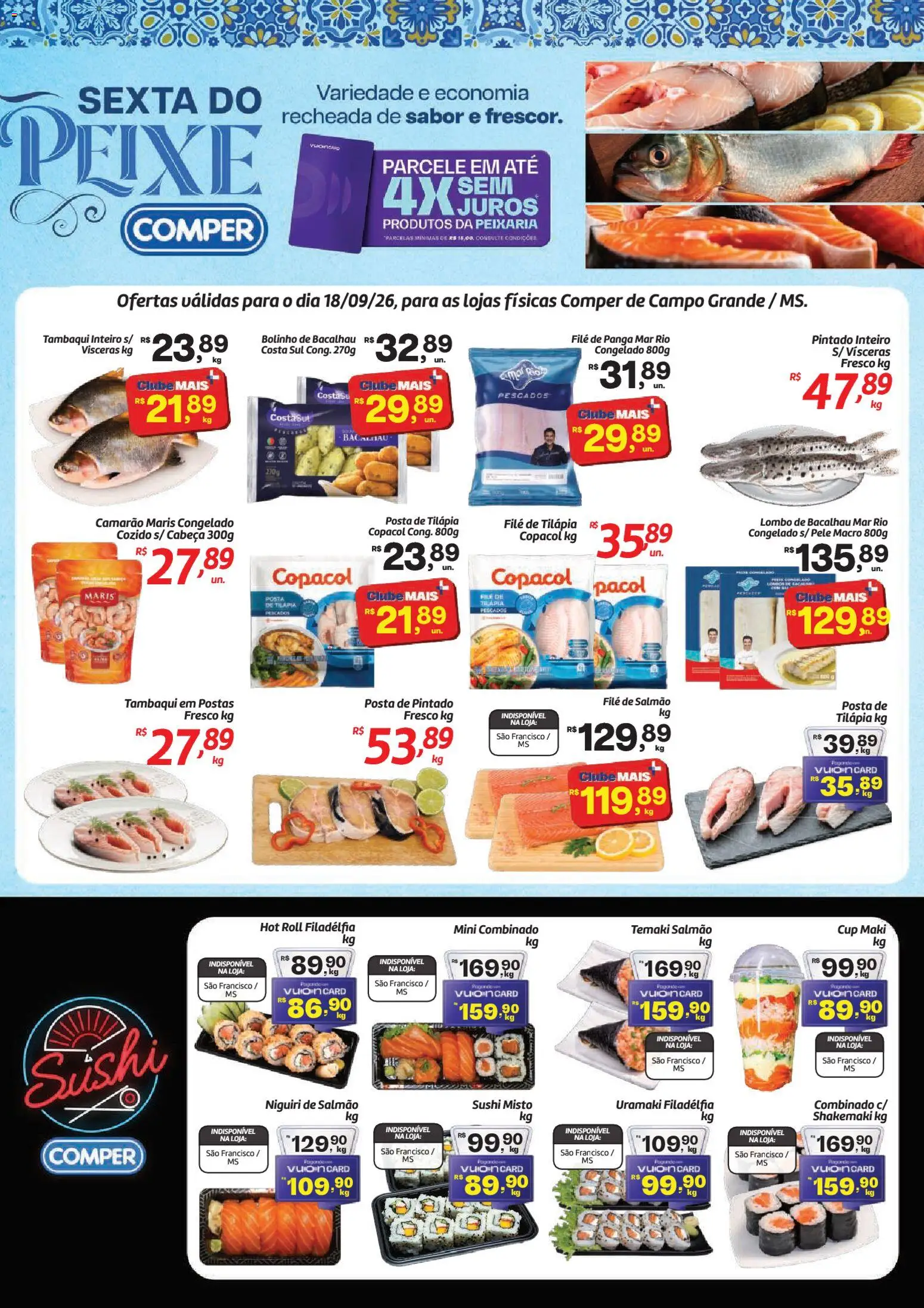 Comper Folheto - válido de 18/09/2026 | Página: 1 | Produtos: Bacalhau, Filé de salmão, Camarão, Tilápia