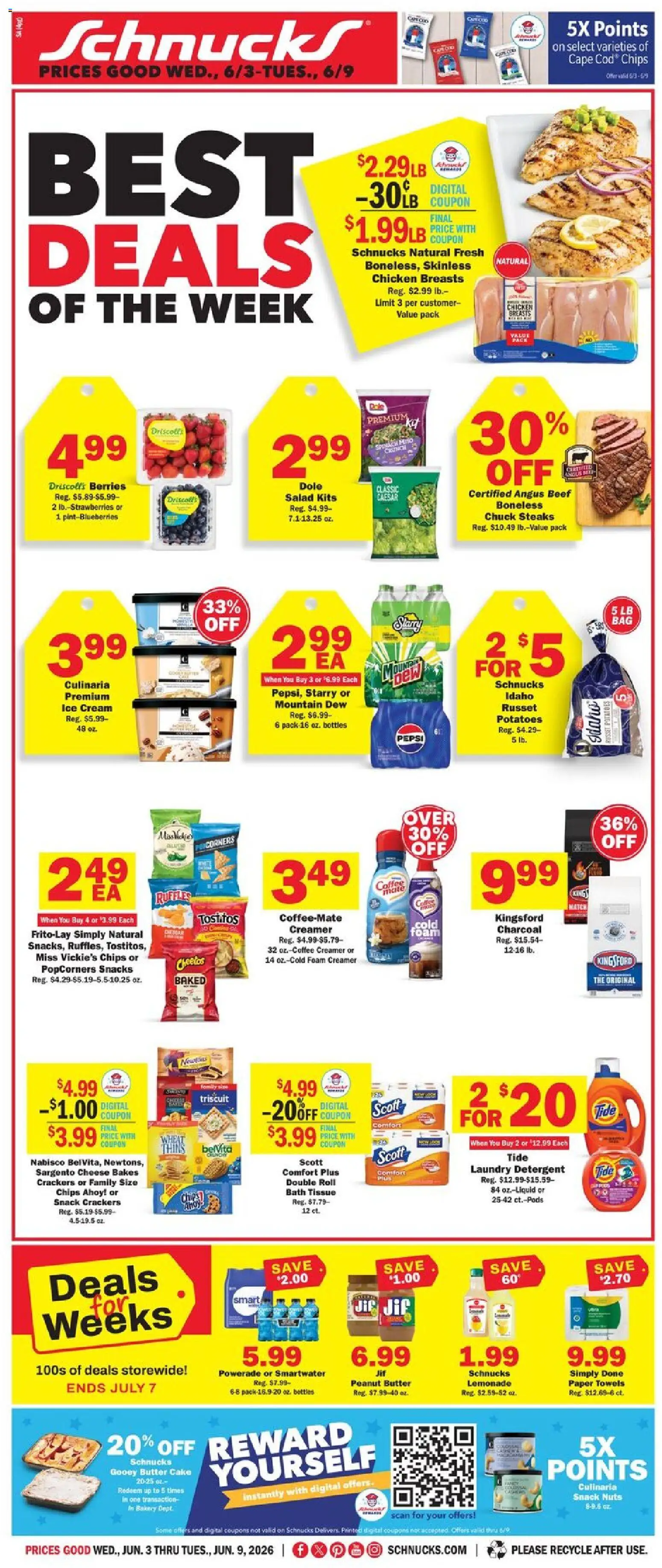 Schnucks Weekly Ad - valid from 03.06.2026 | Page: 1 | Products: Bakery, Bath, Beef, Detergent