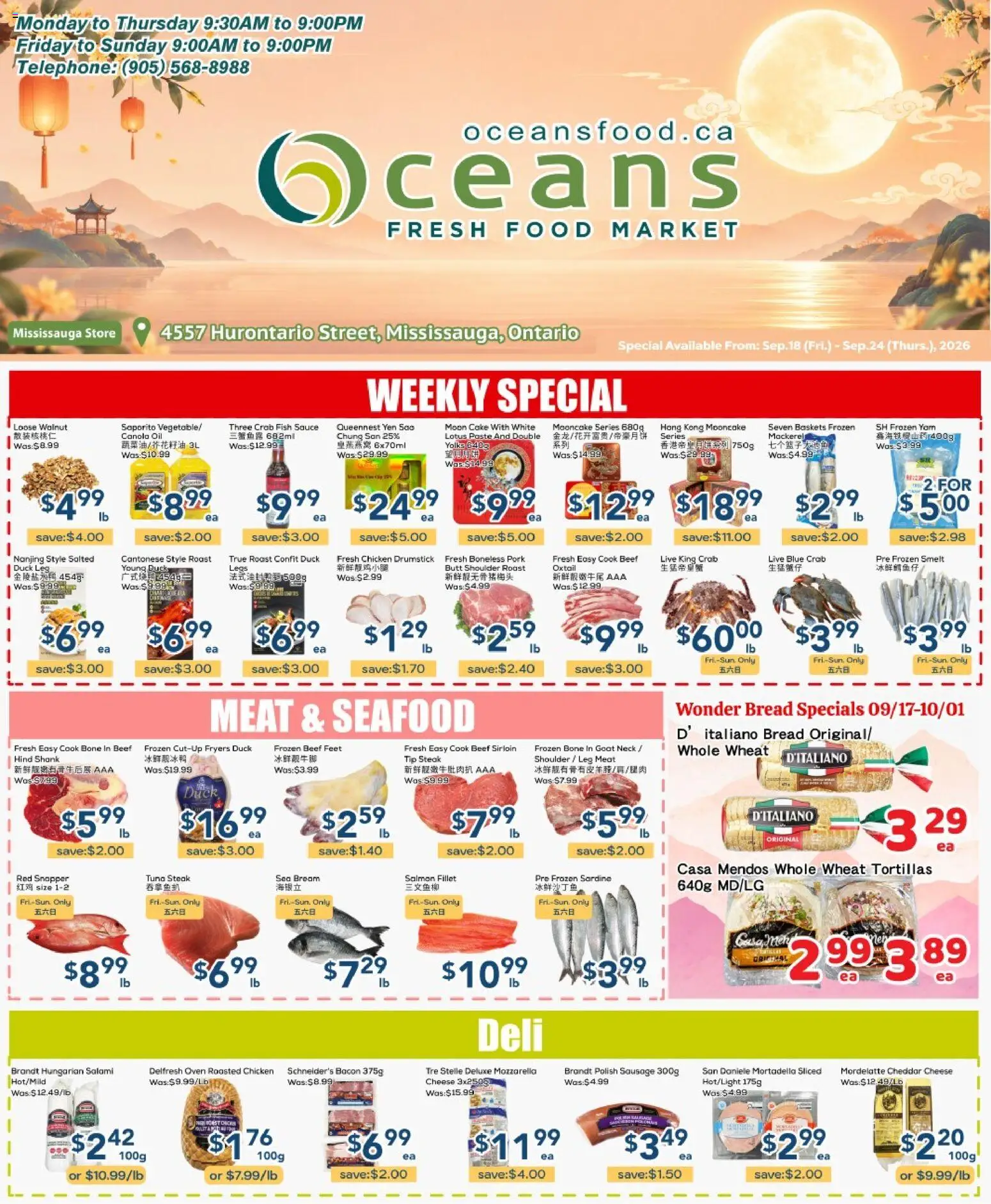 Oceans flyer valid from Sep 18, 2026 | Page: 1 | Products: Fish, Mortadella, Roast, Cheddar