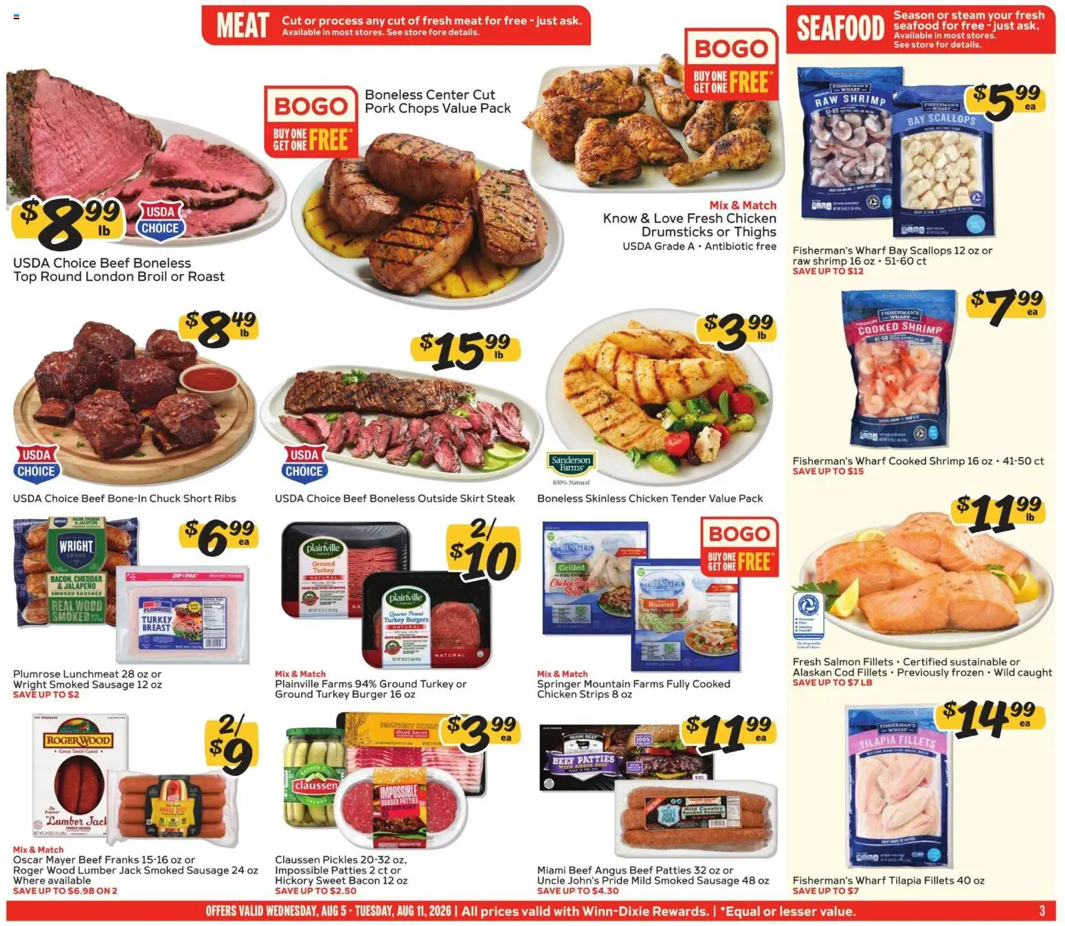 Winn Dixie Weekly Ad - valid from 08/05/2026 | Page: 3 | Products: Chicken drumsticks, Chicken strips, Seafood, Steak