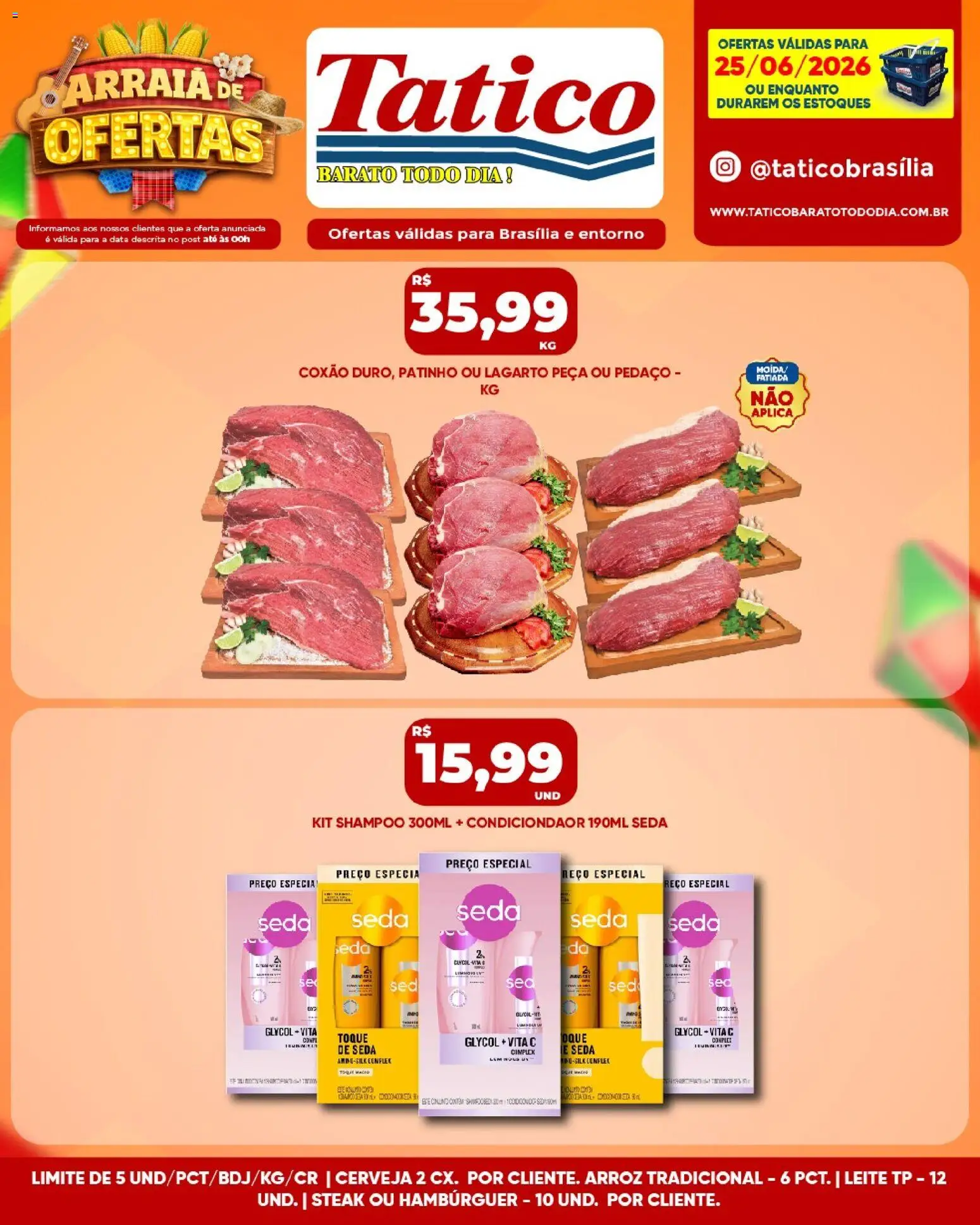 Tatico Folheto - válido de 26/06/2026 | Página: 34 | Produtos: Shampoo, Leite, Arroz, Hambúrguer