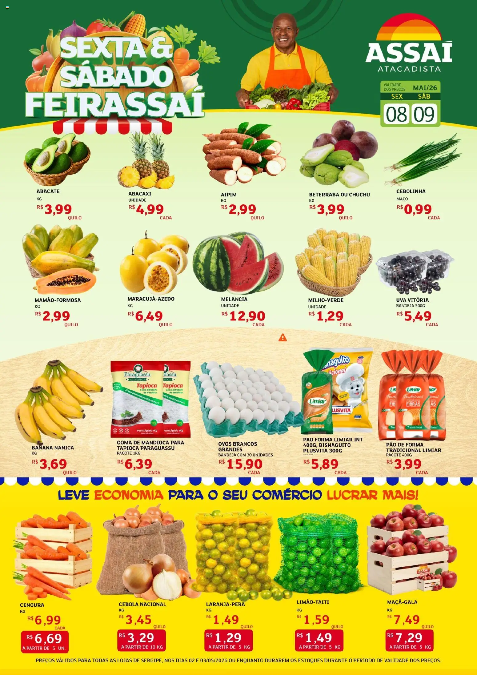 Assaí Atacadista Folheto - válido de 08.05.2026 | Página: 1 | Produtos: Melancia, Aipim, Ovos, Pão de forma
