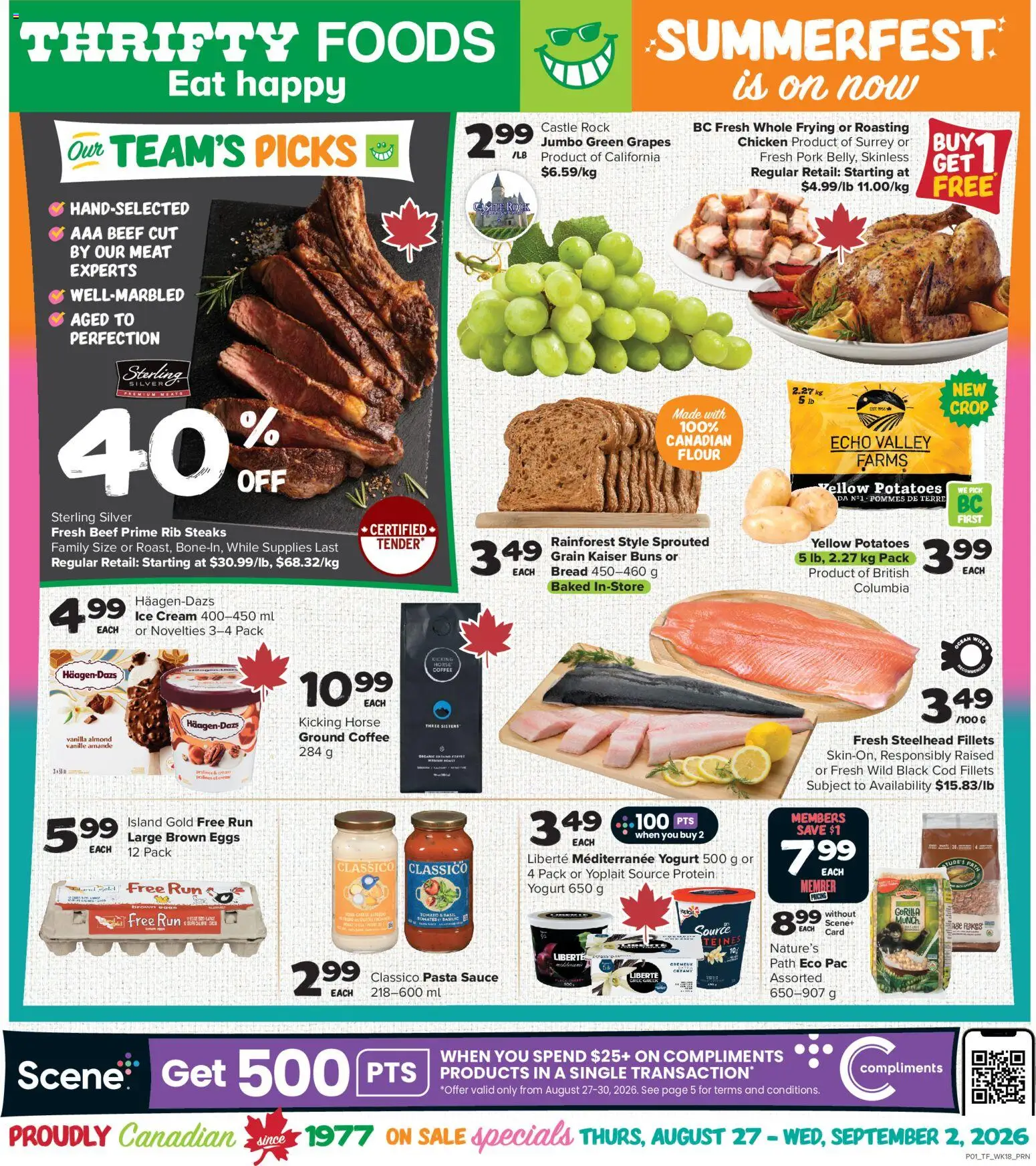 Thrifty Foods flyer valid from Aug 27, 2026 | Page: 1 | Products: Cream, Flour, Grapes, Protein
